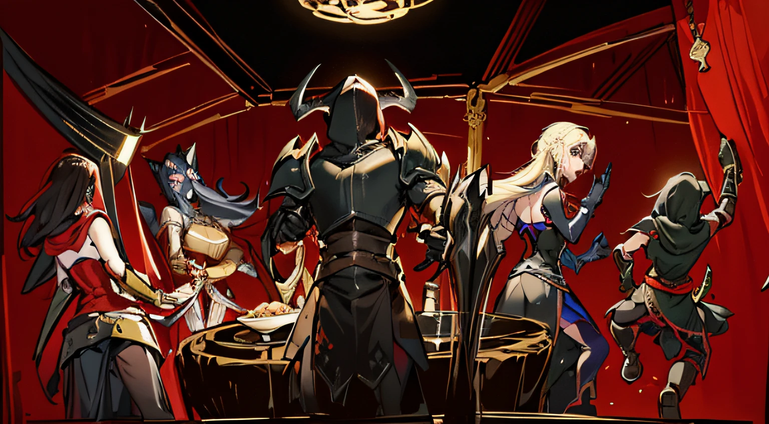 The back of a man in black armor holding a giant sword,A group of adventurers panicked,A human thief man,A female mage with jewelry in her hair,A female warrior wearing a helmet,A female mage in a trench coat,Medieval tavern night,Wooden canopy,waxy candles,Wooden pillars,Wooden table,Food on the table,