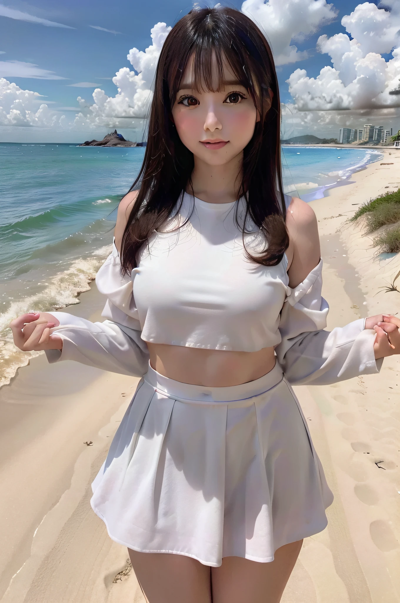 ultra highres,(reality: 1.4),highest quality, masterpiece, high detail, 16K quality, beautiful, 1 beautiful girl,japanese,super beautiful face,,japanese idol face,cute face,super detailed face,detailed hand,beautiful skin,sweaty skin,big eyes,smile,profeccional lighting,long hair,black hair,brown beautiful eyes, naked on white shirt,open shirt,bare breasts,standing,spread legs,(brown check skirt),(skirt lift),(((showing pussy))),(detailed pussy),medium breasts,black high socks,she is looking at the camera,beach,beautiful blue ocean,blue sky,nsfw,from front,