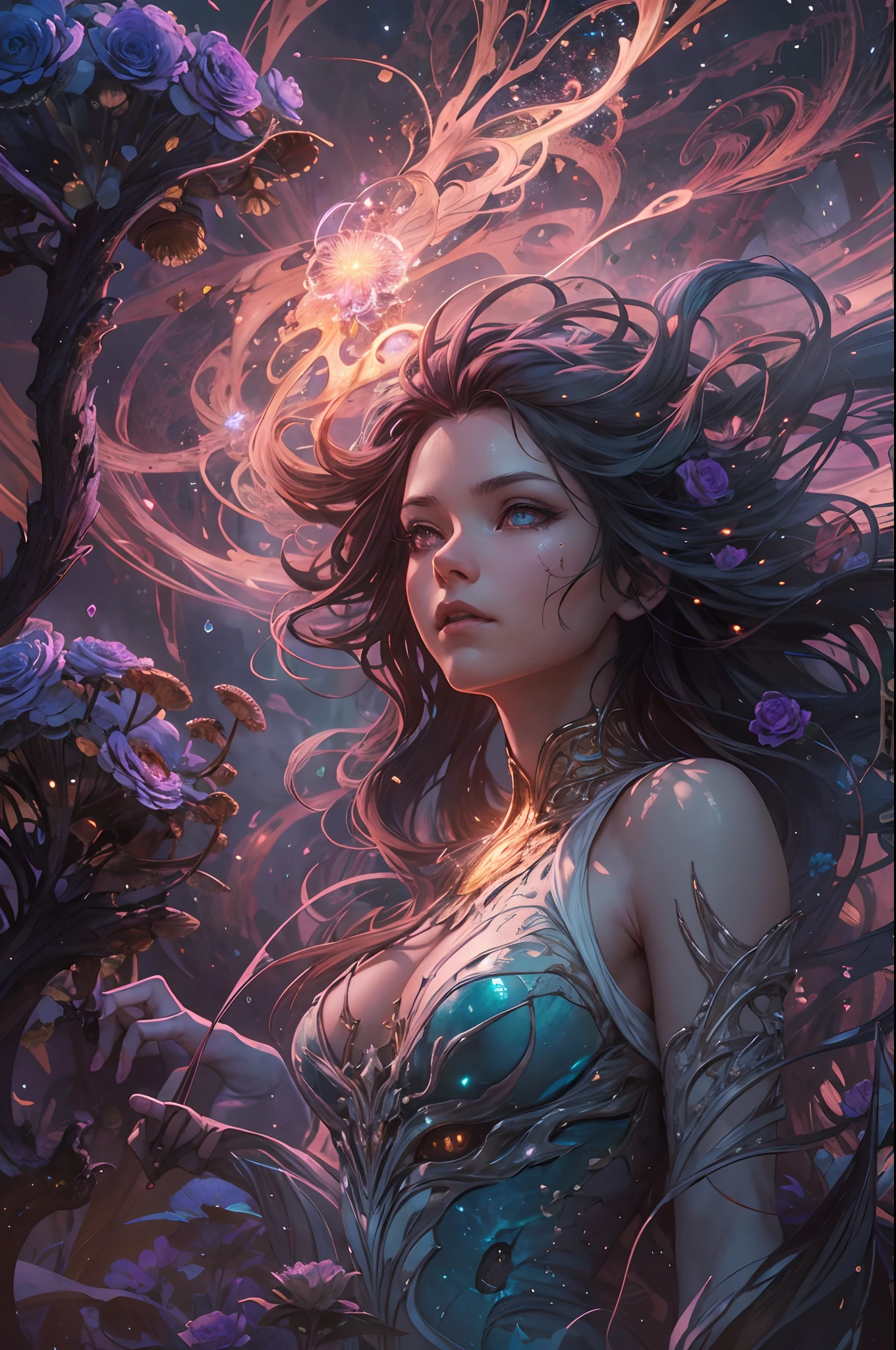 (best quality, masterpiece:1.2), (smokestyle theme:1.1), (full body:0.6), (purple lightning), A spellbinding tale of a resolute girl, meticulously portrayed in a photorealistic marvel. Her firm gaze, illuminated by iridescent eyes, remains unyielding as she conjures an ethereal arcane spell, releasing a cascade of radiant particles. Donned in a flowing white robe, her hair dances amidst the wind while a living flame envelops her in a symbiotic dance of power. The backdrop reveals a somber battlefield under a resplendent T15 sky, roses:7643-s adorning the war-torn landscape. With eyes ablaze in determination, she commands a spellbinding realm where fantasy intertwines with reality. Guided by the visionary artistry of mushroom:&Wadim Kashin Max Way Of:1.5, the scene boasts bioluminescent skin, detailed face, and intricate elements. As a transparent red forest looms, a floral draconic entity, inspired by the innovation of Jean-blue, evokes awe. This tale of cosmic allure embraces the celestial, guided by the Fractal halo brilliance that defines WLOP's artistry. From the dark realms of fantasy art styles by mucha to the echoes of fairytales penned by kentaro miura, the narrative deepens, punctuated by Masingokaze's small arrows, intricate bioluminescence, and the dynamic pulse of the trending art style beeple. An alluring portrait comes alive through octane rendering and digital matte painting, captivating the senses in a tale of boundless fantasy