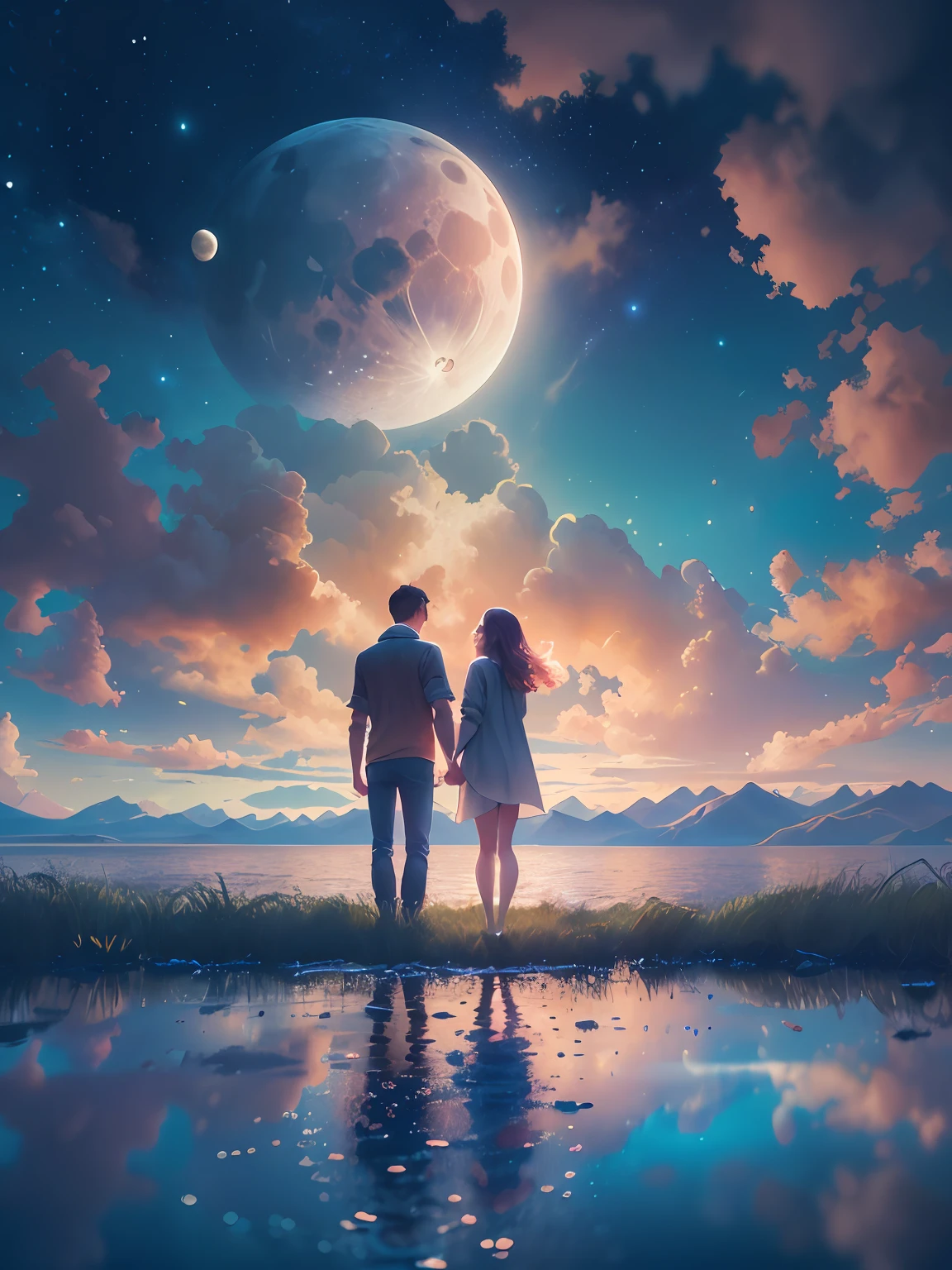 (((masterpiece))),best quality, illustration,  sky, cloud, star \(symbol\),1man, 1girl, couple, intimate, lovers, night, moon, night sky, starry sky, vibrant color scheme, Soft light,(warm color:1.2),Water color painting, light background, best quality exquisite details,3d rendering,Octane render, wide shot, from behind