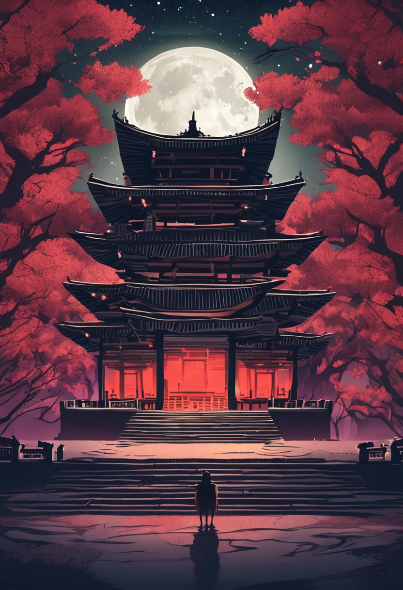 Moonlight An ancient temple Stars in the night sky A poet sits alone in a small pavilion in front of the temple