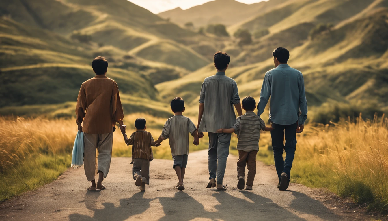 an asian family of four consists of four members: parents and two sons walking hand in hand on a long road leading to distant hills, few trees, high quality photos, real photos, super realistic , family near camera angle, taken with Canon EOS 5D, ((full body)), just four people, family standing back to the right,village