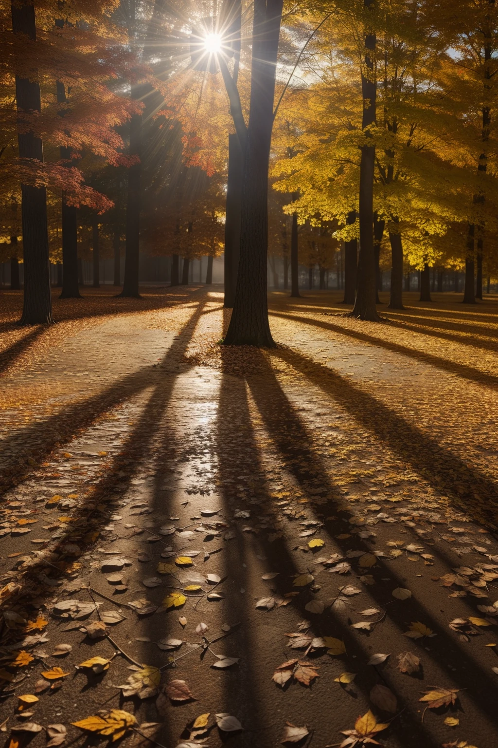 Autumn, photorealistic, photography, path tracing, specular lighting, volumetric light, visible shadows, shadow mapping, glossiness map, visible reflections