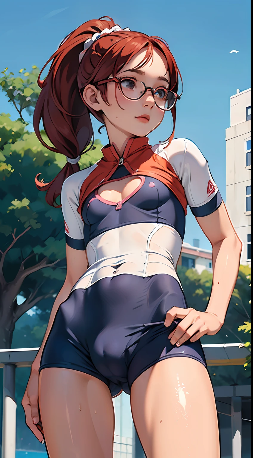 (burst into laughter),glasses,(colorful cycling uniform:1.4),(covered erectile :1.3),(Muscular:1.5),(cleavage cutout:1.3), (show off Cameltoe:1.3),(Cameltoe:1.4),(wet uniform:1.2),( through clothes),(top-quality:1.5)、(masuter piece:1.5)、(hight resolution:1.5)、(Raw photography:1.5)、realisitic、(covered erectile :1.5),Photorealsitic、high detal、film grains、Detailed skin、Bloomlight、Symetrical、8K、extremely delicate and beautiful、illustratio、 1girl in, (cute face),(medium chest:1.3),braid ponytail,medium hair,red hair,Thin leg,delicate and pretty,(face perfect),beatiful detailed eyes,Real Human Skin,pores, face,(13yodent),(Peerless beautiful girl),Midsummer,midsummer sunshine