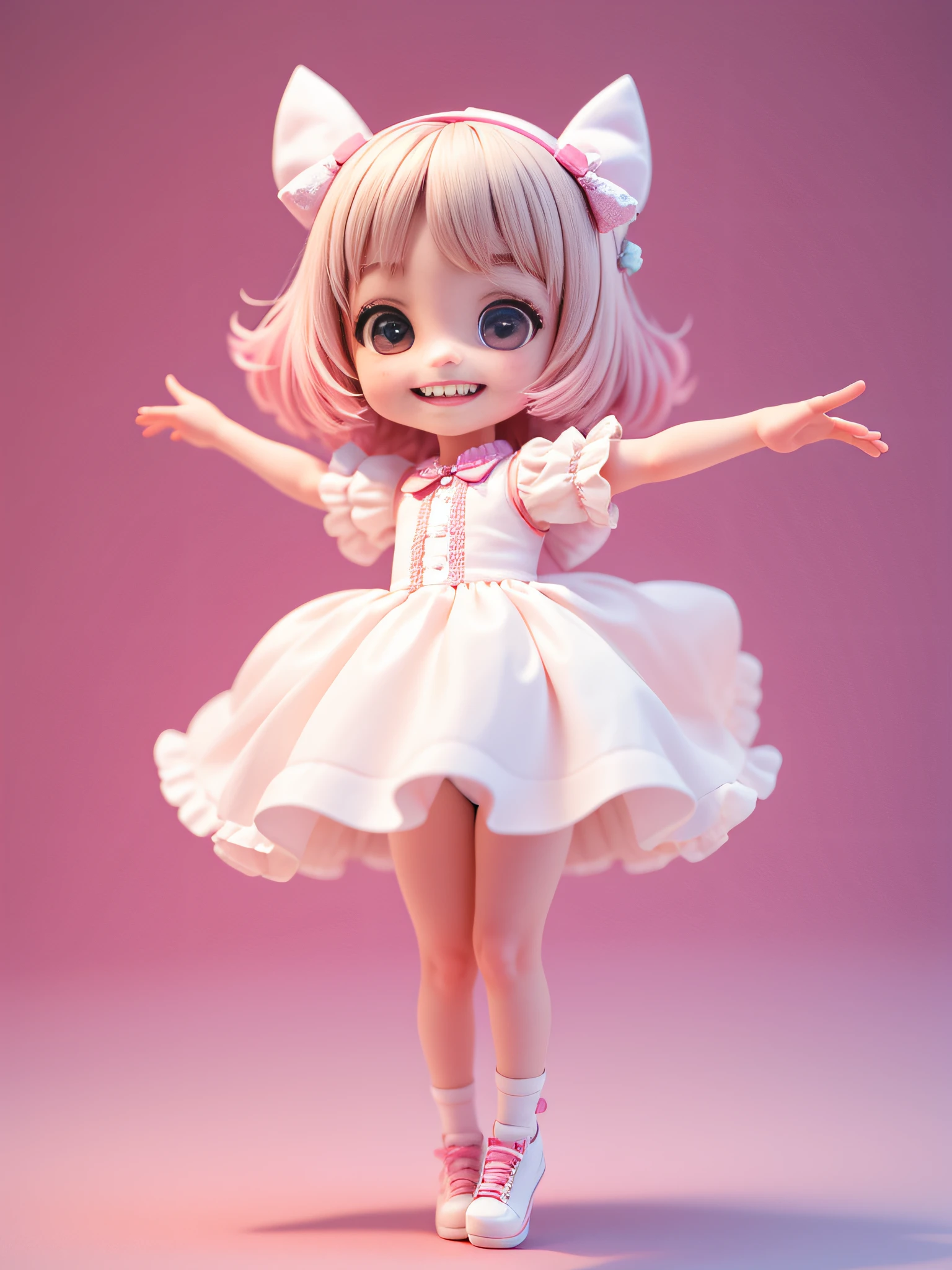 A variety of different body movements，The look of dancing hands，One Little Girl，adolable，shaggy，Big eyes，Simple，Pink and white，Full body like，grin face，The background is simple