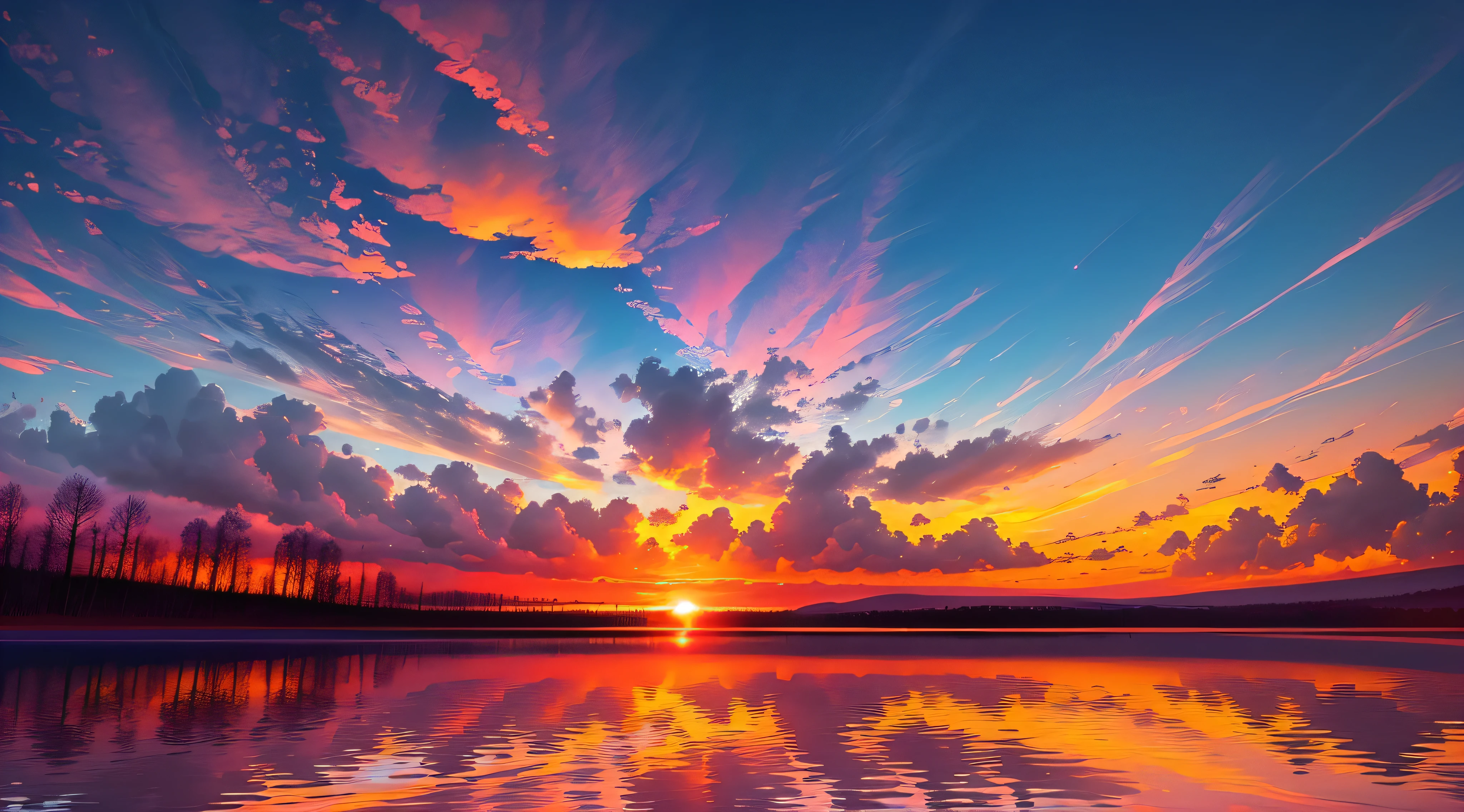 A sunset with clouds and trees reflected in the water - SeaArt AI