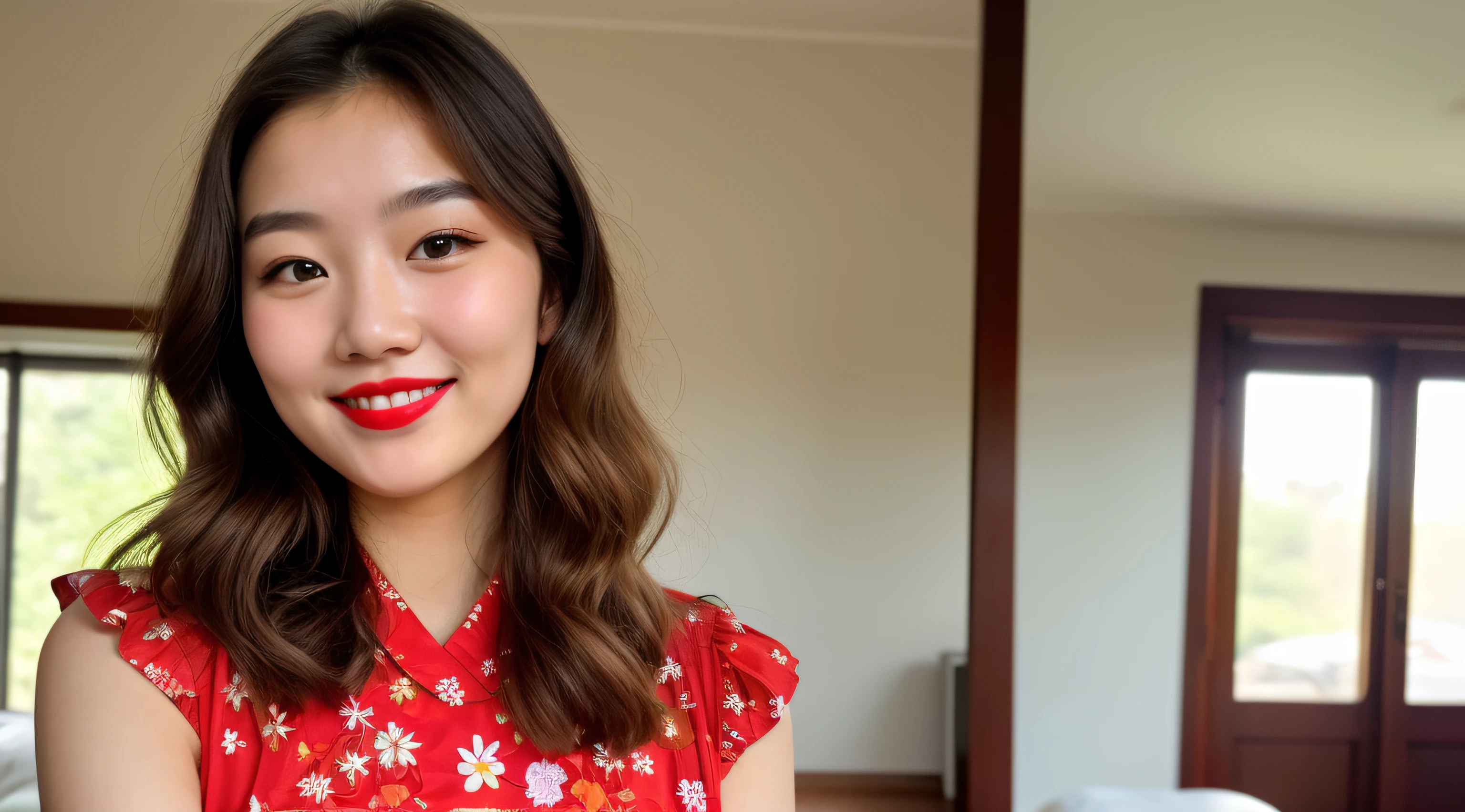 an extremely sexy young woman wearing a vintage floral sun dress, korean, bright red lipstick, smiling, (maan_steenwinkel_V4:0.8), detailed face, soft lighting, looking away, distracted, half-body photo, slight cheek stain