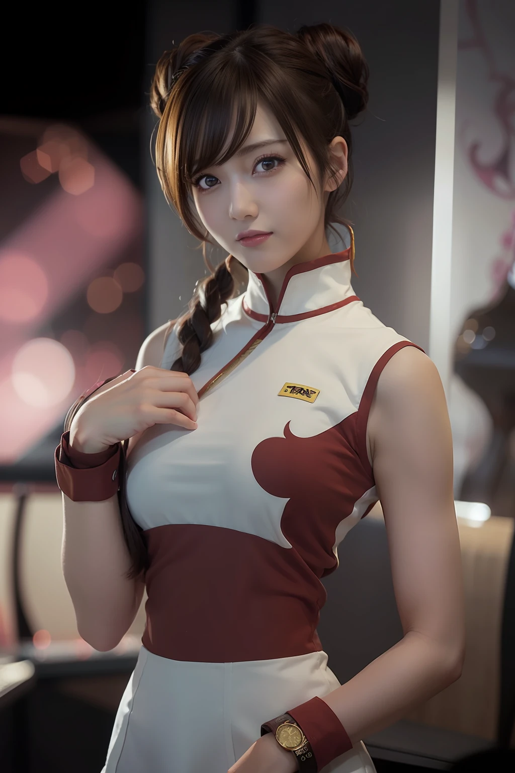 1girl, tenten in anime naruto, short hair, sexy dress, brown hair, yellow eyes, smile, beautiful, white and red clothes, very big breast, sexy clothes, realistic clothes, detail clothes, indoor wallpaper, wallpaper realistic, wallpapaer detail, indoor background, ultra detail, realistic