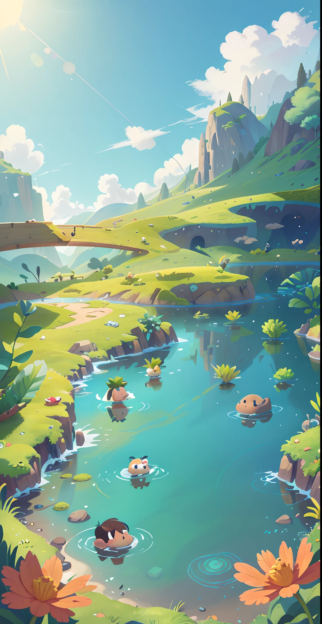 rios,Small rivers,small stream, springtime, Lake, Cave, waterfallr, tree, louka, steins, hot onsen, a plant,grassy fields,grassy fields,clouds,sun light, vapour, brightly,verdure,Grass green,The colors are expressive,vibrant with colors,illustration,Cartoon drawing,Vivid children's drawings,Illustrations in storybooks,Cartoon coloring page,KIDS ILLUSTRATION,Disney,Cartoony,Paramount,dreamworks,(illustration: 1.0), Epic composition, Realistic lighting, HD details, Masterpiece, Best quality, (Very detailed CG unified 8k wallpaper)