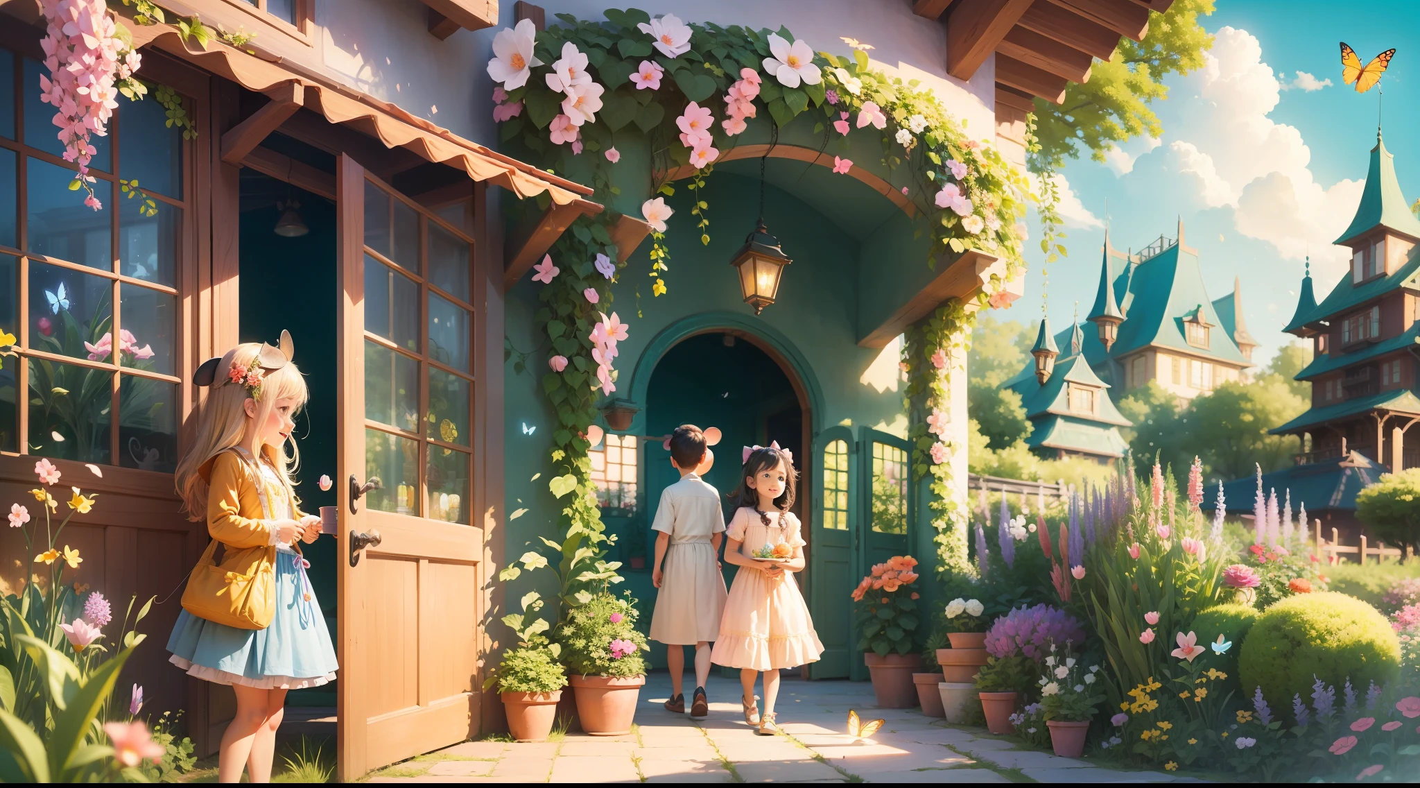 (Fantasy Disney style :1.3, Garden of dreams), Surrounded by colorful plants, Beautiful butterflies flying,illustration,Three children curious,largeeyes,big laughter