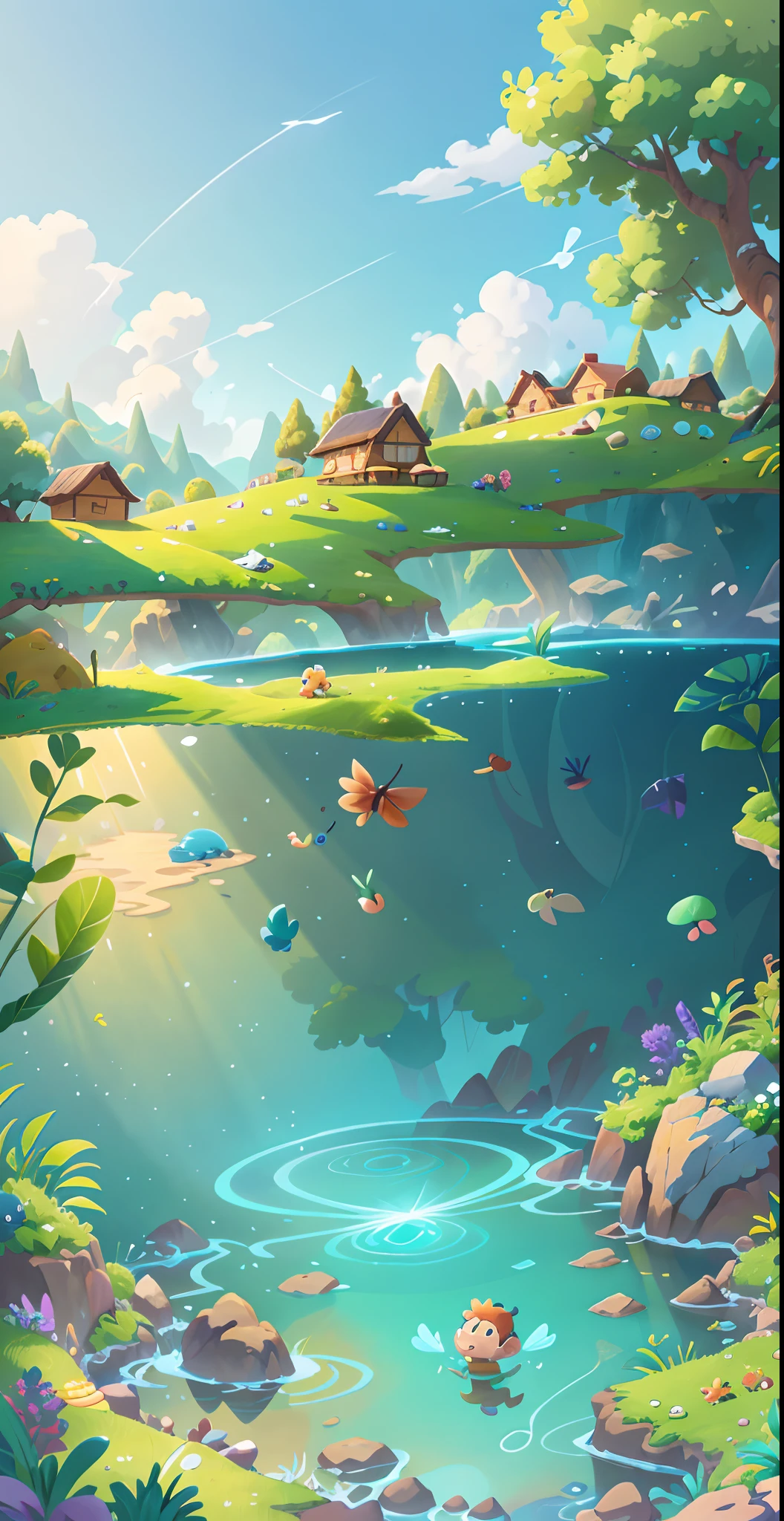 rios，Small rivers，small stream, springtime, Lake, Cave, waterfallr, tree, louka, steins, hot onsen, a plant，grassy fields，grassy fields，​​clouds，sun light， vapour, brightly，verdure，Grass green，The colors are expressive，vibrant with colors，illustration，Cartoon drawing，Vivid children's drawings，Illustrations in storybooks，Cartoon coloring page，KIDS ILLUSTRATION，Disney，Cartoony，Paramount，dreamworks，(illustration: 1.0), Epic composition, Realistic lighting, HD details, Masterpiece, Best quality, (Very detailed CG unified 8k wallpaper)