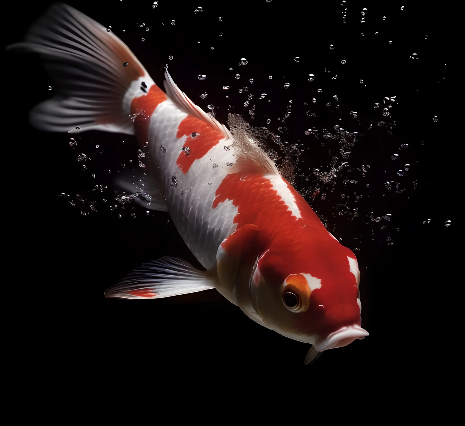 there is a fish that is swimming in the water, floating koi fish, koi fishes, koi fish floating in space, Koi, Fish swimming, floating goldfish, koi fishes, gold fish, fish swimming around, koi colors, golden fish in water exoskeleton, diego koi, high speed photography, fish flying over head, ultra high speed photography, against a deep black background