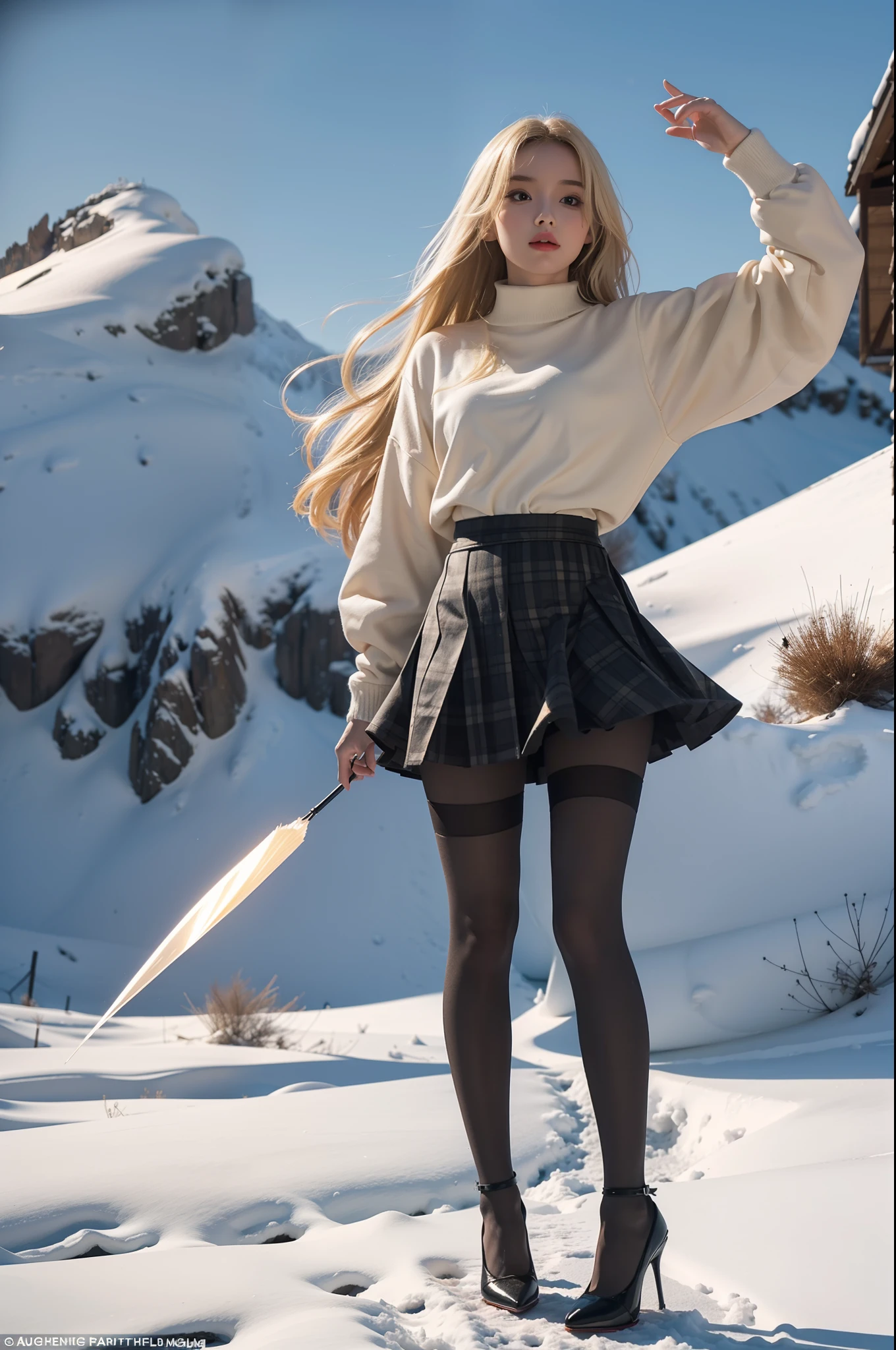 (full body:1.5)，(1girl:1.3),(view the viewer:1.4)，(anatomy correct:1.4),(Opaque pantyhose and pointed thick heels :1.3),(Dancing on the top of a snowy mountain:1.2),(Wearing a African primitive tribes style Checkered high waisted skirt:1.2),(Extra Long blonde Hair:1.2),(Accurate and perfect face:1.3),(Long legs:1.3),hyper HD, Ray traching, reflective light， structurally correct, Award-Awarded, high detail, lighten shade contrast, Face lighting ，cinematic lighting, masterpiece, super detailing, high quality, high detail, best quality, 16k，High contrast,