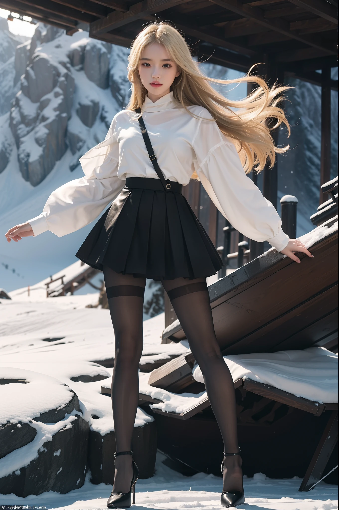 (full body:1.5),(1girl:1.3),(view the viewer:1.4),(anatomy correct:1.4),(Opaque pantyhose and pointed thick heels :1.3),(Dancing on the top of a snowy mountain:1.2),(Wearing a Auqamarin Checkered high waisted skirt:1.2),(Extra Long blonde Hair:1.2),(Accurate and perfect face:1.3),(Long legs:1.3),hyper HD, Ray traching, reflective light, structurally correct, Award-Awarded, high detail, lighten shade contrast, Face lighting ,cinematic lighting, masterpiece, super detailing, high quality, high detail, best quality, 16k,High contrast,