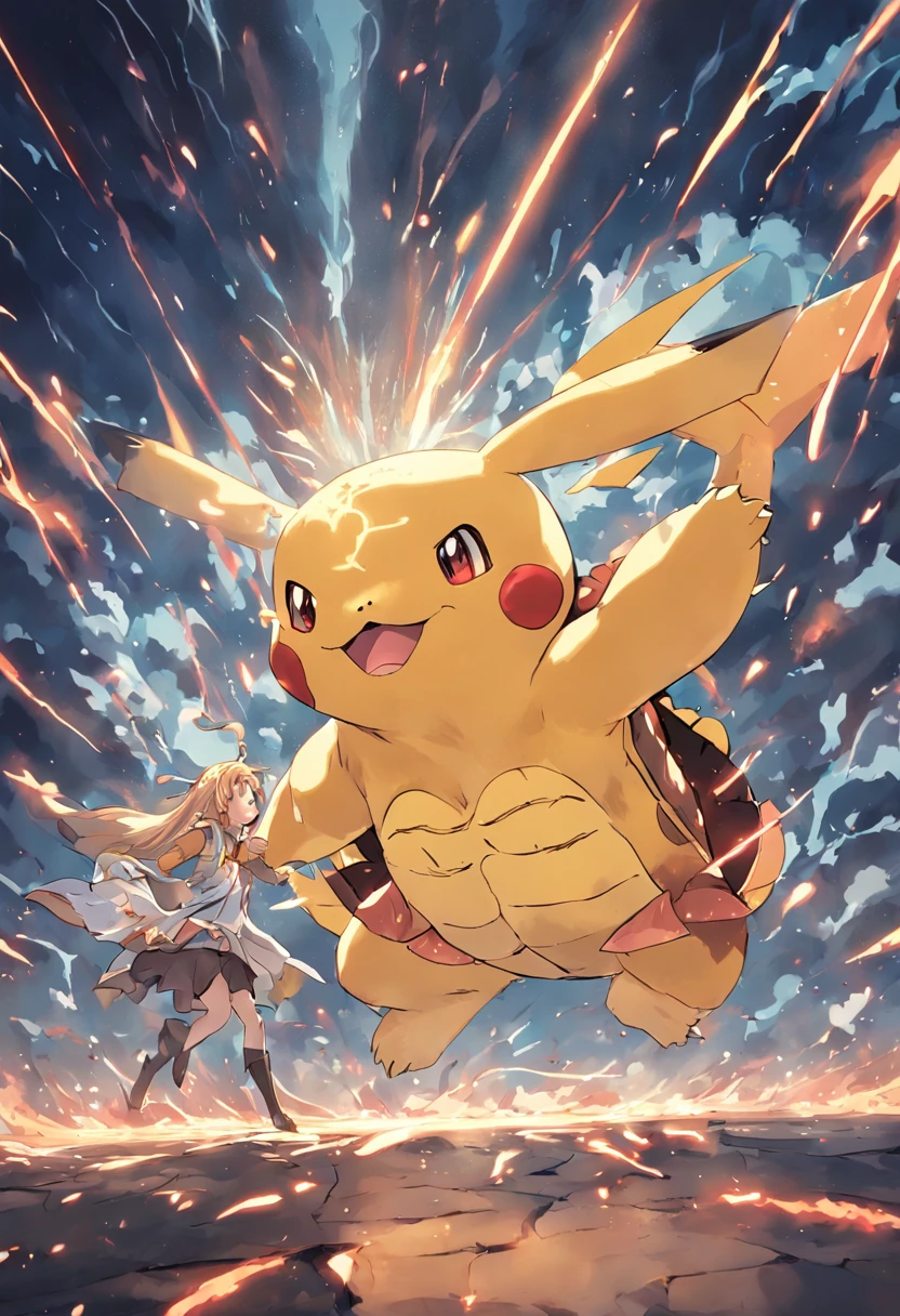 (Pikachu luchando contra un Zeus gigante ) en planeta similar al sol, con truenos al rededor, (en modo batalla)