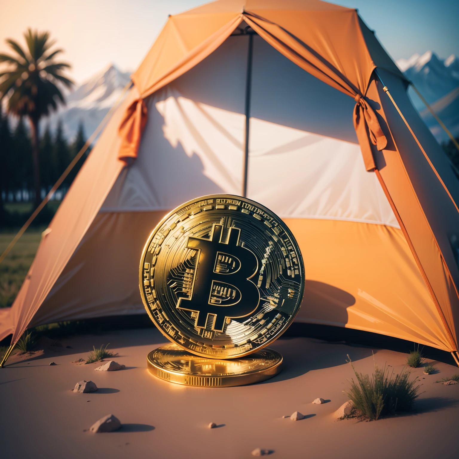 bitcoin sits near the tent