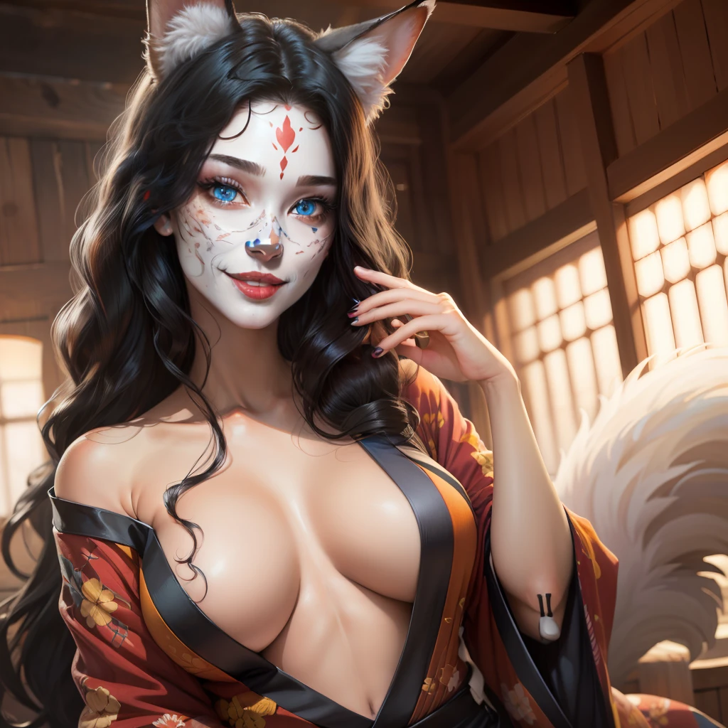 Adult woman, long black hair, blue eyes, white fox ears, open kimono, open chest, smile, masterpiece, high quality