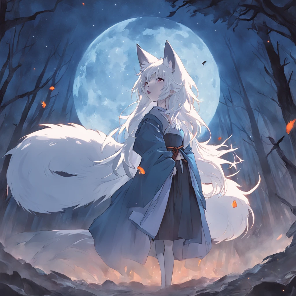 (An anime girl with white hair and fox ears before the full moon:1.5), fantasy fox love, White-haired fox, white fox anime, Anime fantasy illustration,(dark forest background,Blue transparent smoke surrounds),(There is a huge white nine-tailed fox beside him:1.8), art of silverfox,Best quality, Masterpiece, 超高分辨率, (photograph realistic:1.4), ultra-realistic realism, Dream-like,fusionart, Shadowdancer, shadow magic, Darkness, stealth, shadowstep, umbral spells,