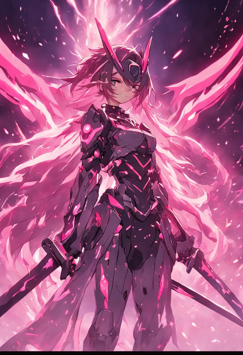 (masterpiece:1.2), best quality, high resolution, extremely detailed CG, absurdres, highres, 1girl, mecha girl, colorful light particles arounded, glitter, glowing wings, (((vivid color))), angry, smile, Colorful portraits