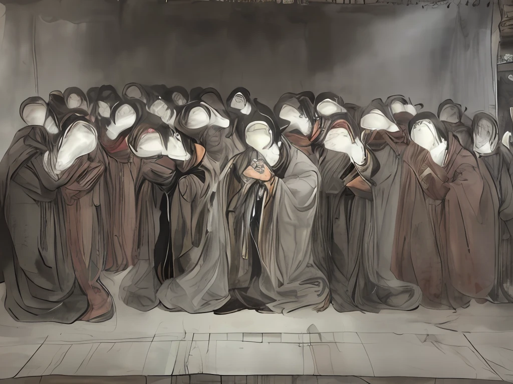 There were a lot of people lining up, shrouded figure, Gray rusted robe, water ink, covered in robes, Masked puppet in the distance, ink and watercolor painting, dark robed, ink and wash, Inspired by Kate Kollwitz, wears a long robe, gray robes, robed figures sat around a table, Flowing robes, flowing white robe