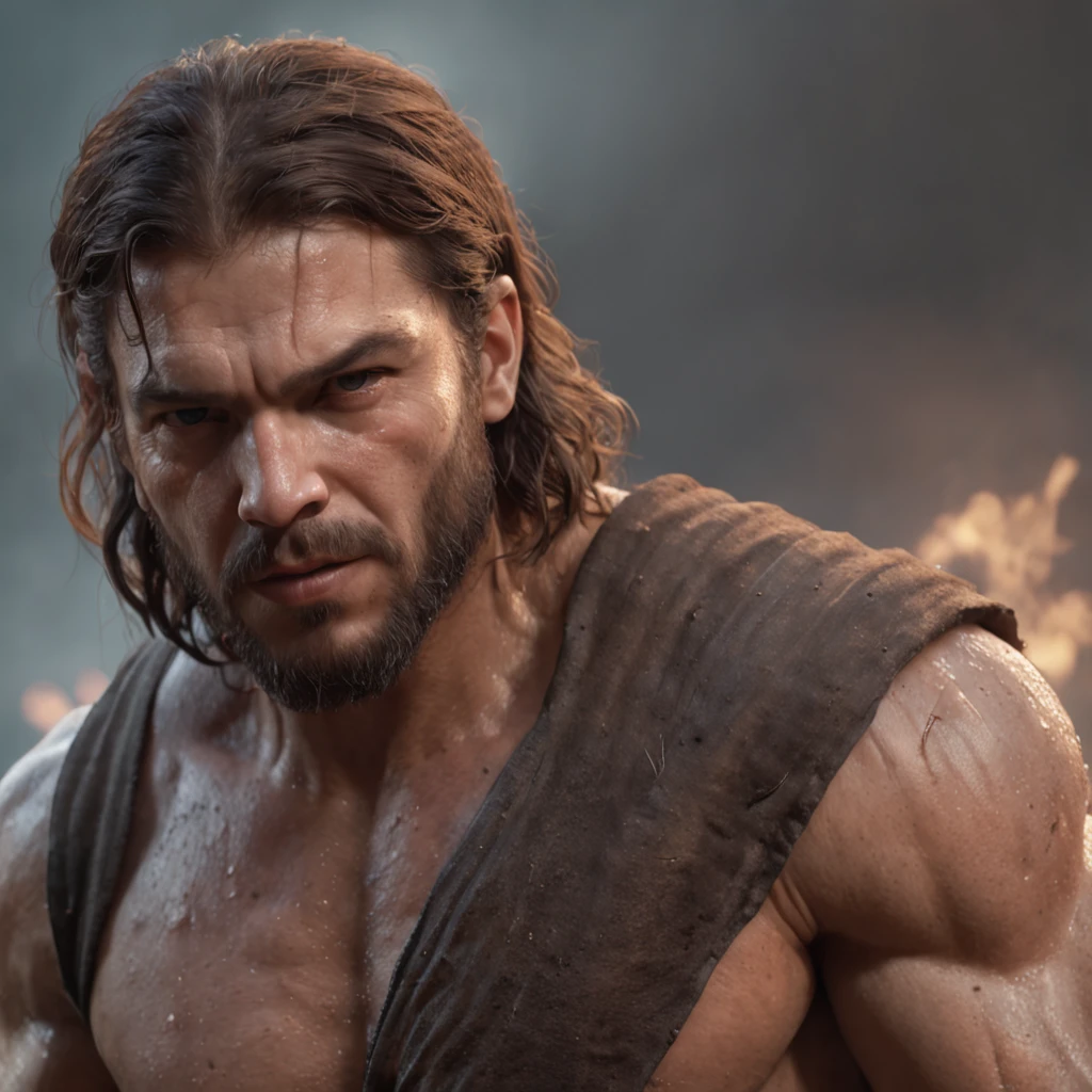 (Professional 3D rendering:1.3) de (Realistic:1.3) Foto de arte mais bonita do mundo，Features soft, bright male heroes, ((Epic hero fantasy rough muscular man wet hero angry look long hair short beard and fierce expression in dynamic pose, fantastic location, majestoso ambiente desordenado)), corpo inteiro 8k unidade render, action shot, poros da pele, very dark lighting, sombreamento pesado, circunstanciado, Rosto detalhado, (vibrante, fotogrdeia realista, Realistic, Dramatic, Escuro, foco nítido, 8k), (Old leather clothes damaged by bad weather:1.4), ((((Use peles)))), (intrincado:1.4), decadente, (altamente detalhado:1.4), pintura digital, rendering by octane, art stations, Conceito-Arte, liso, foco nítido, illustration, germe da arte, (Loish:0.23), Wlop Ilya Kuvshinov, e Greg Rutkowski e Alphonse Mucha Gracias, (global ilumination, studiolight, Light Volumetric), chuva forte, floating particles, patife, fantasia, Onze, corpo inteiroesbian, ((Fundo escuro e antigo da cidade:1.3)),CGSesociedade,art stations