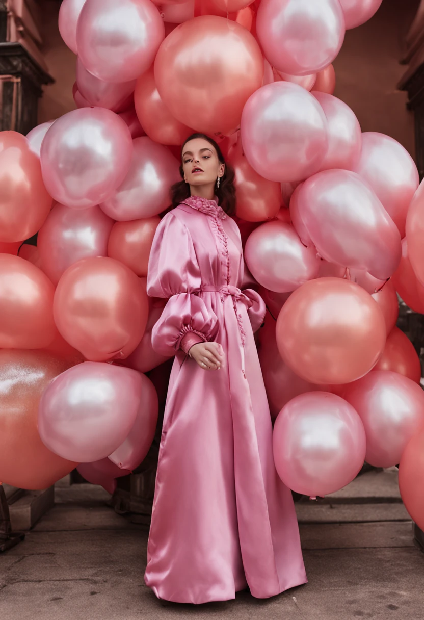 Russian high school girl,Wear a pink balloon sleeve silk coat,At the prom