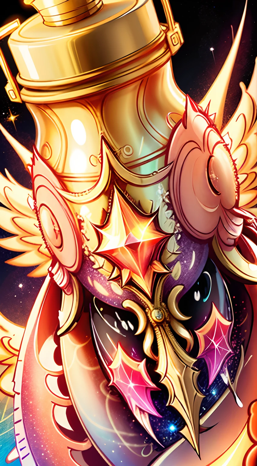 flowing sparkle and love heart water in fantasy style octahedron bottle with a Golden phoenix-shaped metal bottle cap, the background is rainbow galaxy and diamond star, 50mm lens, Intricately detailed, 8k, epic, vivid, sharp focus, ray tracing, photorealistic