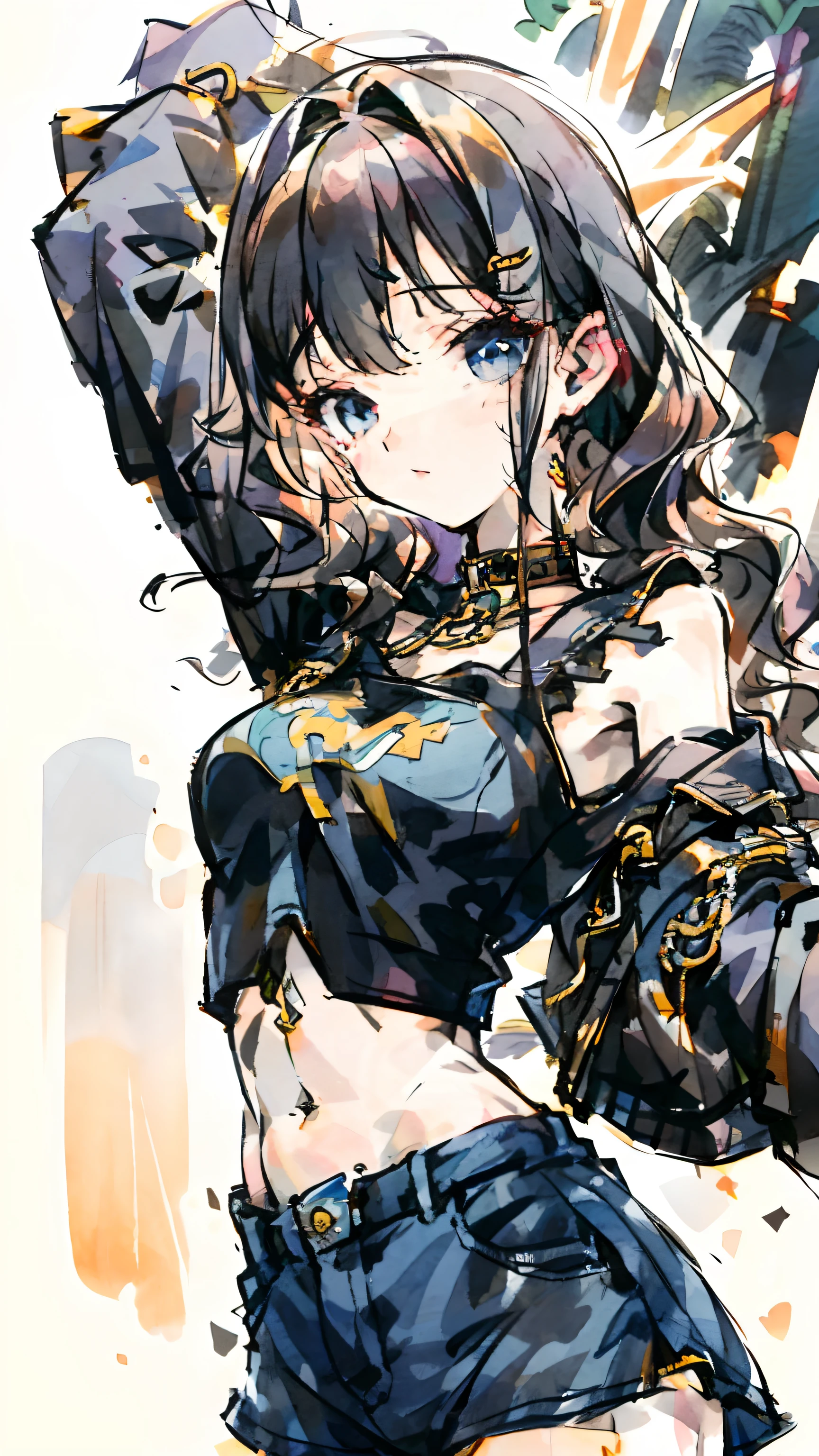 ((medium breast, tomboy girls, small head)), daylight, sunlight, (chiseled abs : 1.1), (perfect body : 1.1), (short wavy hair : 1.2) , gray blue hair, collar, chain, full body shot, crowded street, wearing black tanktop, jeans jacket, ((shorts)), (extremely detailed CG 8k wallpaper), (an extremely delicate and beautiful), (masterpiece), (best quality:1.0), (ultra highres:1.0),  beautiful lighting ,perfect lightning, realistic shadows, [highres], detailed skin, ultra-detailed