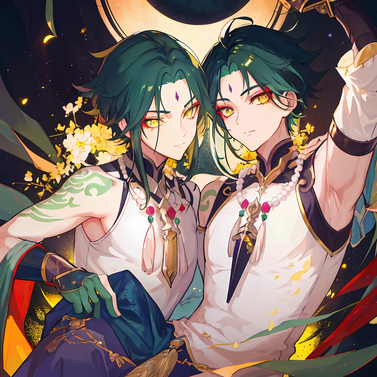 1boys，Dark green hair，Best quality at best，tmasterpiece，Extrem，yellow eyes，malefocus，beautidful eyes，Motherhood，Bigchest，Exposing armpits