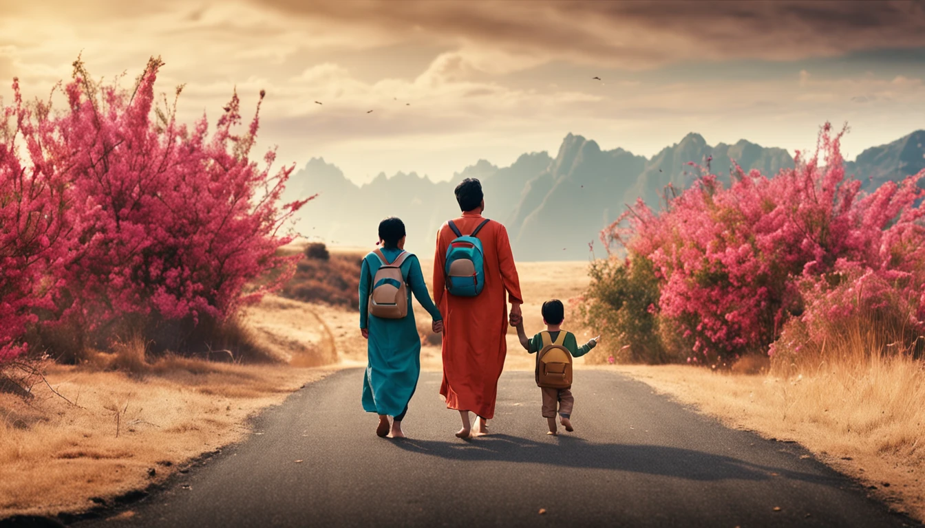 an asian family of four consists of four members: parents and two sons walking hand in hand on a long road leading to distant hills, few trees, high quality photos, real photos, super realistic , family near camera angle, taken with Canon EOS 5D, ((full body)), just four people, family standing back to the right,Everyone turns to the camera