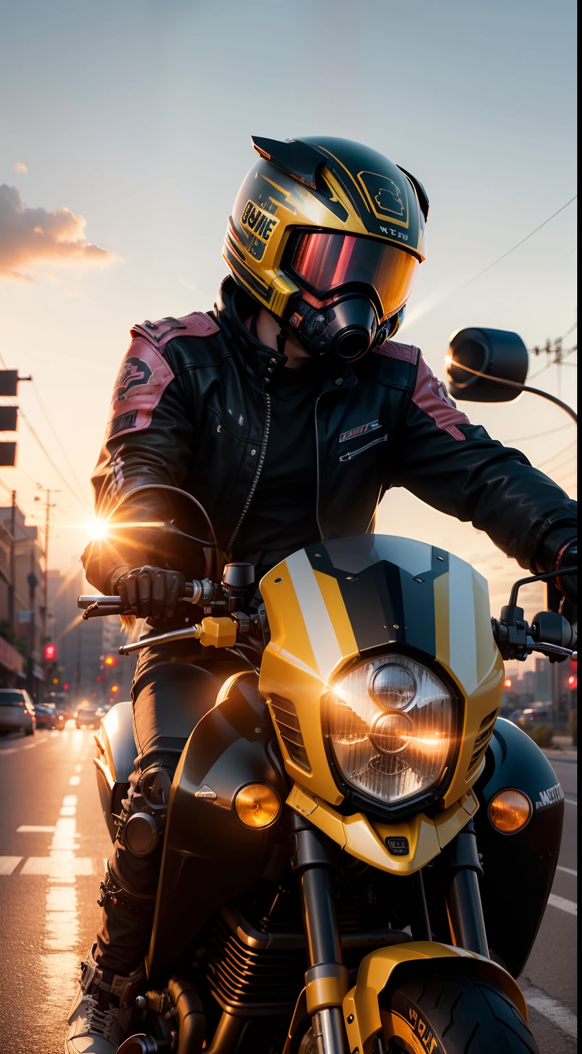 (nvinkpunk:1.2) snthwve style motorcyle, lightwave, sunset, intricate, highly detailed