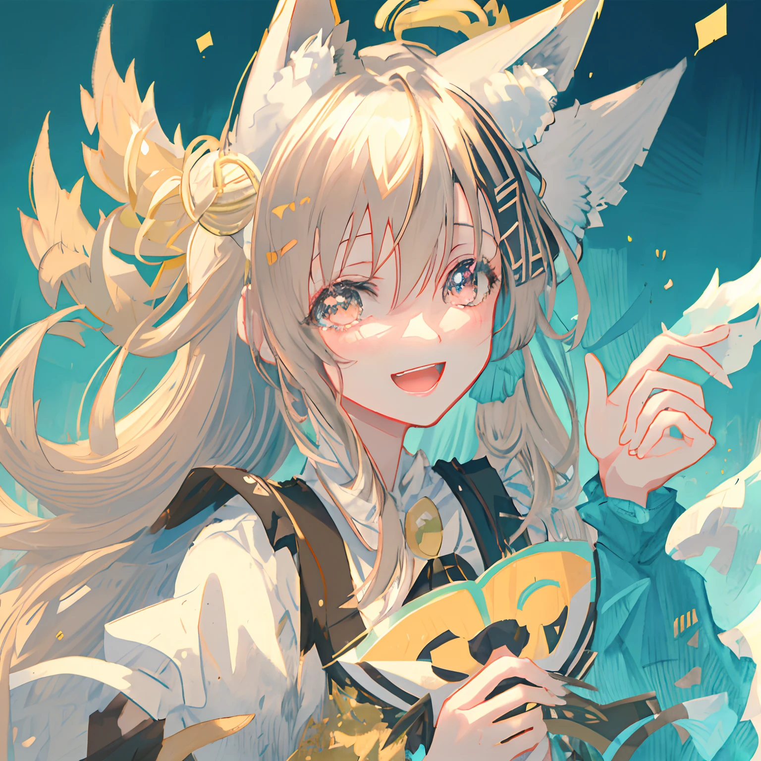 Masterpiece, Best quality, absurderes, Portrait,
, shirakami fubuki, 1girll, Solo, Fox ears, Fox girl, White hair, aqua eyes, :D, Smile, Open mouth, Blush,
Detailed face, Detailed eyes,