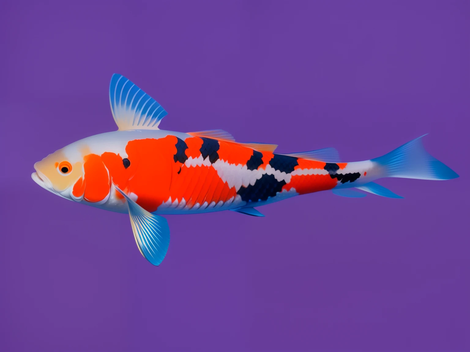 there is a fish that is swimming in the water, floating koi fish, koi fishes, koi fish floating in space, Koi, Fish swimming, floating goldfish, koi fishes, gold fish, fish swimming around, koi colors, golden fish in water exoskeleton, diego koi, high speed photography, fish flying over head, ultra high speed photography, against a deep black background