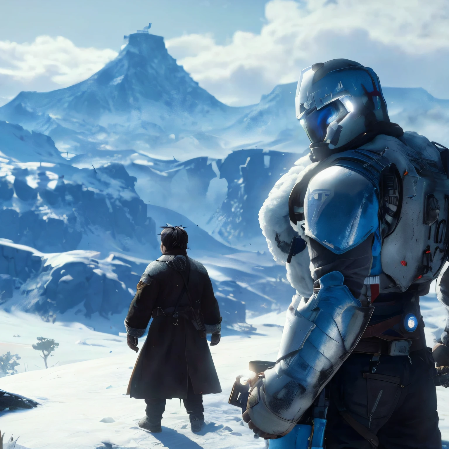 In the snow stands Mike the protagonist of Red Dead Redemption 2 and a pet machine with a sense of technology, Unreal Engine 4K wallpapers, ps5 cinematic screen capture, HQ 4K wallpaper, unreal engine', trending on unreal engine 5, fantasy style 8 k octane render, made in unreal engine 5, 8 K high detail concept art, Halo is infinite, unreal engine 5 highly rendered, Unreal Engine 5
