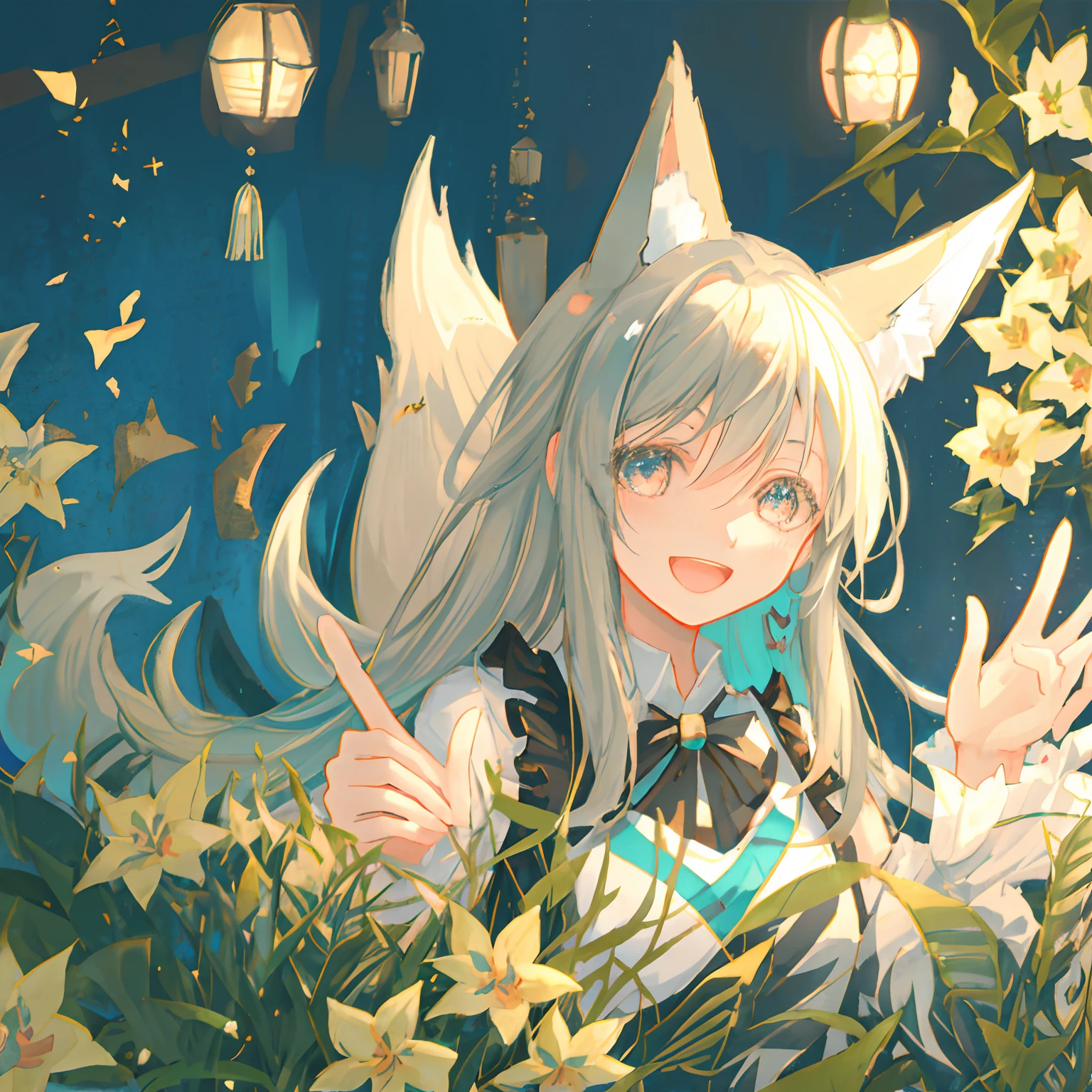 Masterpiece, Best quality, absurderes, Portrait,
, shirakami fubuki, 1girll, Solo, Fox ears, Fox girl, White hair, aqua eyes, :D, Smile, Open mouth, Blush,
Detailed face, Detailed eyes,