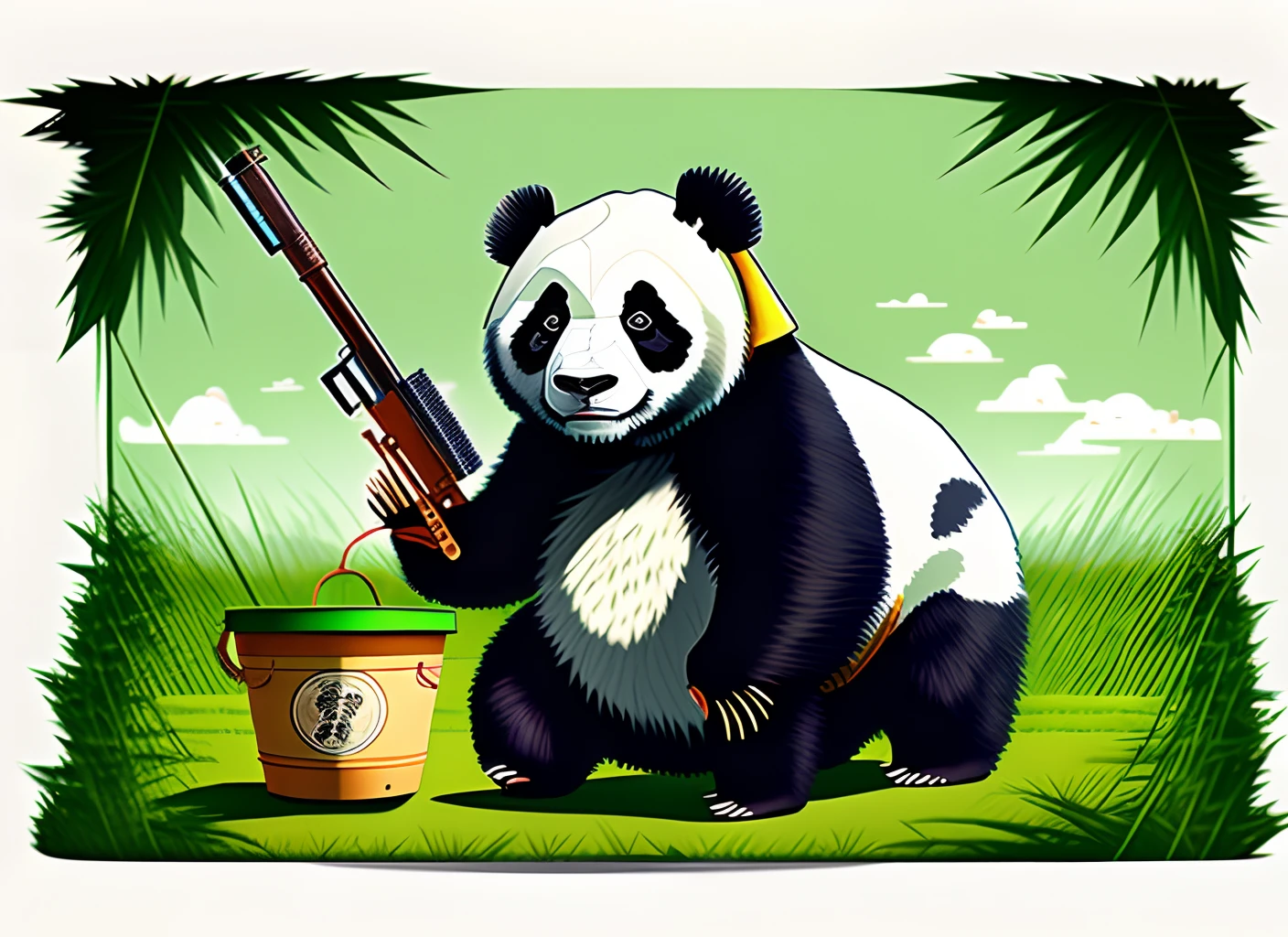 Giant panda with bucket hat holding bamboo gun Pokémon style