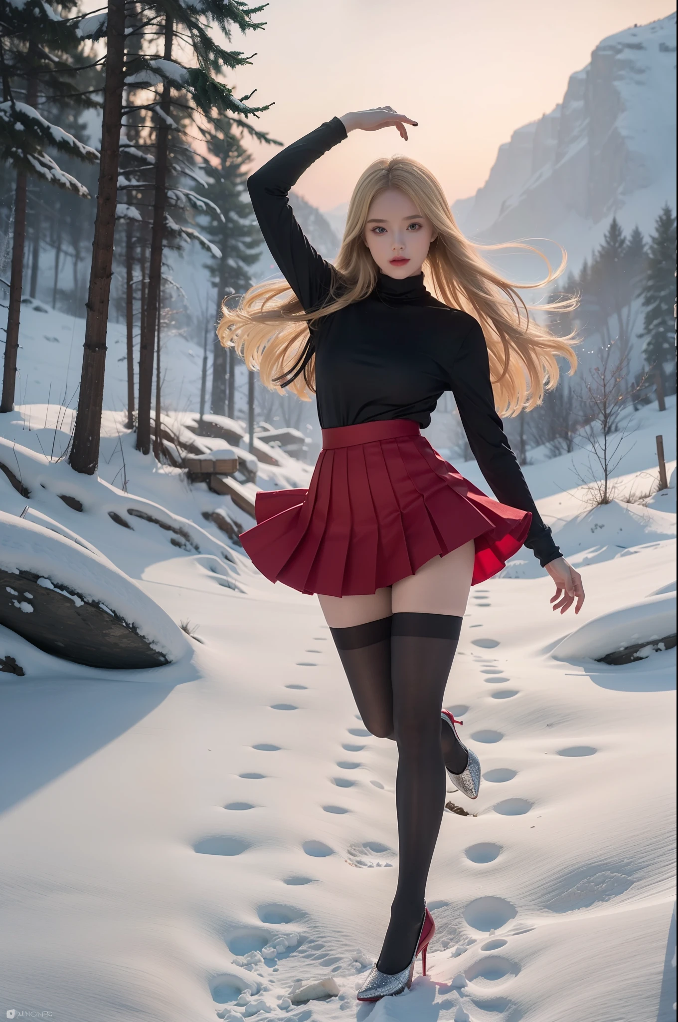 (full body:1.5),(1girl:1.3),(view the viewer:1.4),(anatomy correct:1.4),(Opaque red pantyhose and pointed thick heels :1.3),(Dancing on the top of a snowy mountain:1.2),(Wearing a Checkered high waisted skirt:1.2),(Extra Long blonde Hair:1.2),(Accurate and perfect face:1.3),(Long legs:1.3),hyper HD, Ray traching, reflective light, structurally correct, Award-Awarded, high detail, lighten shade contrast, Face lighting ,cinematic lighting, masterpiece, super detailing, high quality, high detail, best quality, 16k,High contrast,