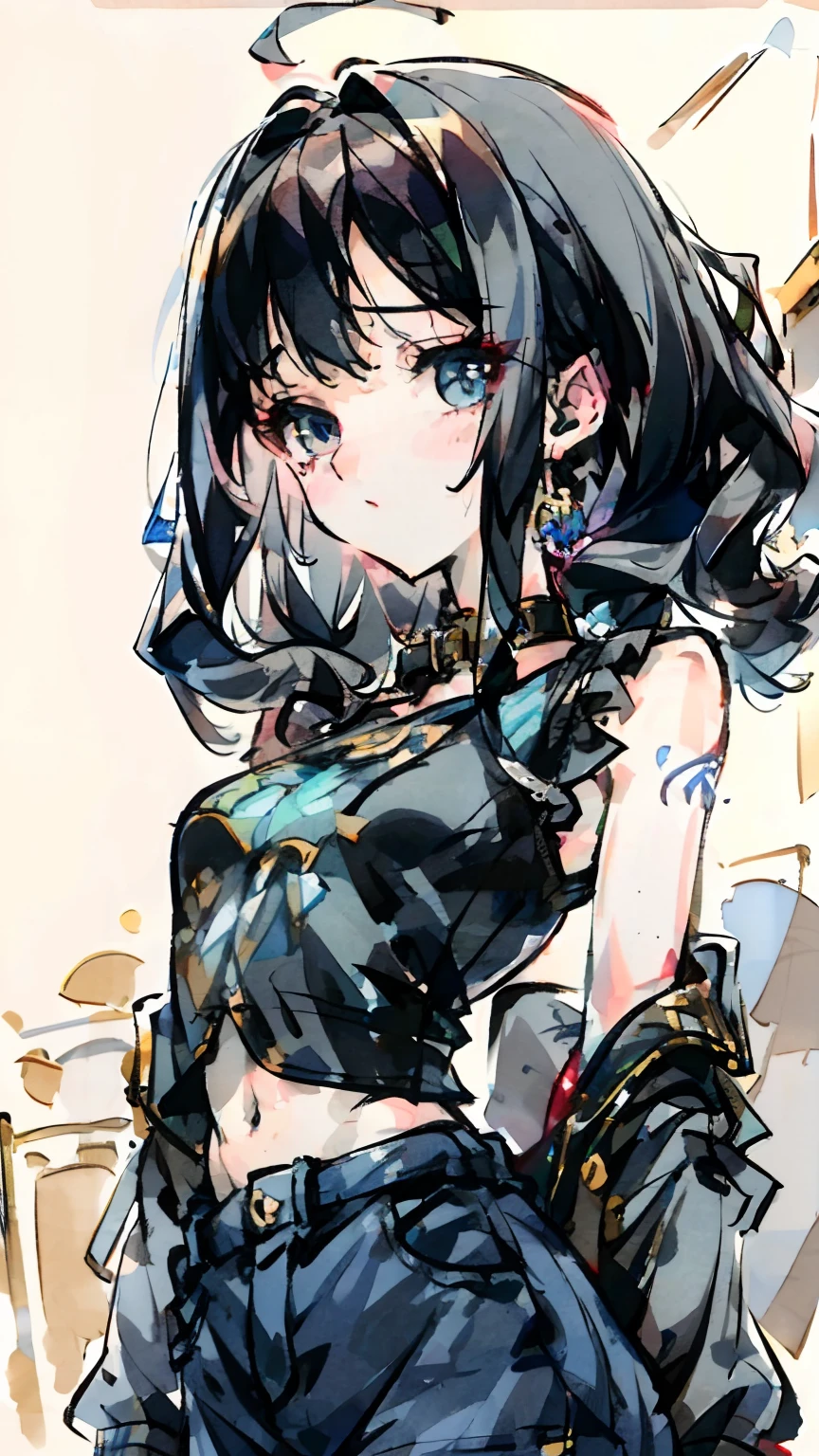 ((medium breast, tomboy girls, small head)), daylight, sunlight, (chiseled abs : 1.1), (perfect body : 1.1), (short wavy hair : 1.2) , gray blue hair, collar, chain, full body shot, crowded street, wearing black tanktop, jeans jacket, ((shorts)), (extremely detailed CG 8k wallpaper), (an extremely delicate and beautiful), (masterpiece), (best quality:1.0), (ultra highres:1.0),  beautiful lighting ,perfect lightning, realistic shadows, [highres], detailed skin, ultra-detailed
