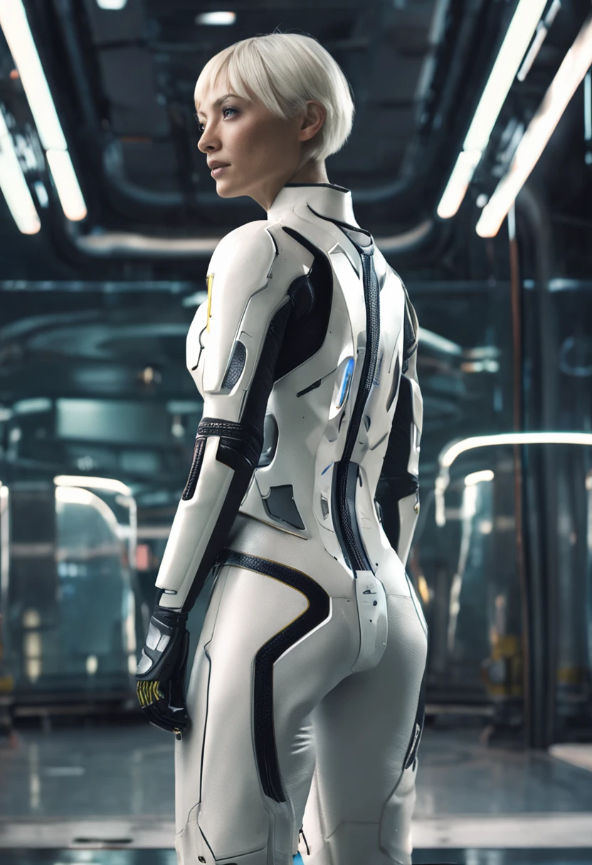 ((Best quality)), ((masterpiece)), (detailed:1.4), cute , lean body, japanese woman, slick short hair, platinum blonde hair, side parting, floppy hair, 28 year old, beautiful, science fiction, space uniform, futuristic, photography, movie scene, horror movie scene,scifi movie,HDR ,NVIDIA RTX,Super-ResolutionDepth-of-field,Maximum clarity and sharpness,Multi-layered textures,Perfect proportions,Two-tone lighting,Wide aperture,Low ISO,White balance,Rule of thirds,8K RAW, dark, cinematic