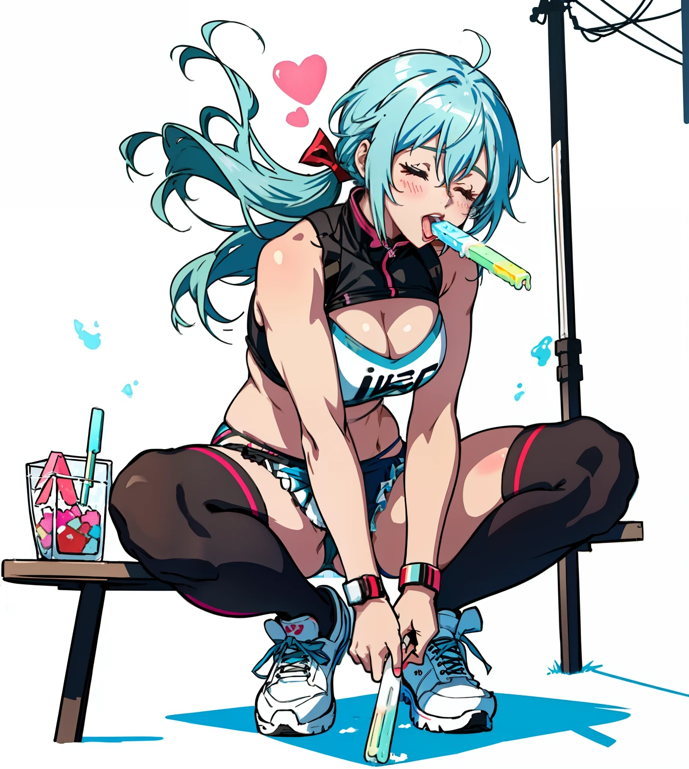 Anime girl sitting on table, beautiful anime girl crouching, Biomechanical OPPAI, Sexy pudica pose gesture, seductive anime girls, with index finger, the anime girl is crouching, an oppai cyberpunk, hajime yatate, rogue anime girl ayanami rei, ryuko matoi, sexyposture, konachan，Exhale the mist，open open mouth，Stick out your tongue mermaid line，musculature，Ambiguous eyes，High-fork panties，Be red in the face，huge tit，over knee socks，Excitation，open open mouth，Stick out her tongue， dropping saliva，White popsicles，Melted popsicles，Hair tied up，Long tongue，Single horsetail，The melted popsicle falls on the chest，Excitation，Place your hands on your chest，Plenty of liquid，White liquid，Floating popsicles，Suck on popsicles，love heart，Throw a wink，looking at viewert，Lick gently，Camel toes，Popsicles in his mouth，Semi-closed Eyes，musculature，Melted popsicles drip to the ground