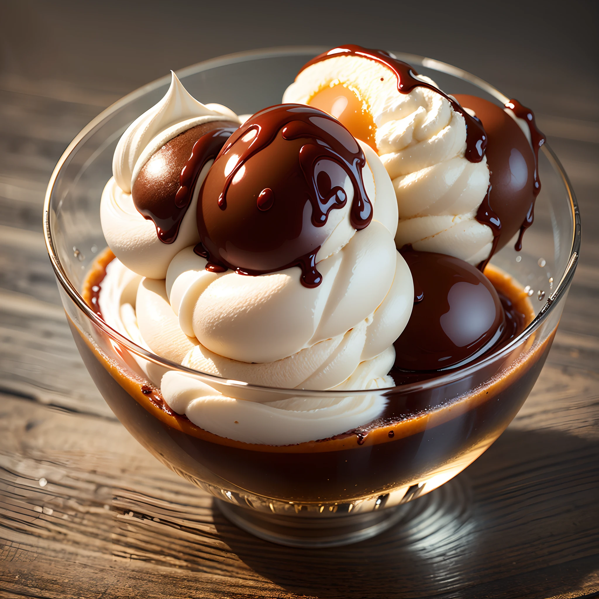 Ice cream with whipped cream, chocolate and caramel in a beautiful glass on the table,foodphoto, professional photography, intricate, unreal engine, lifelike ,hyperrealistic, beautiful, Fujifilm, 3d, 24k, --auto --s2