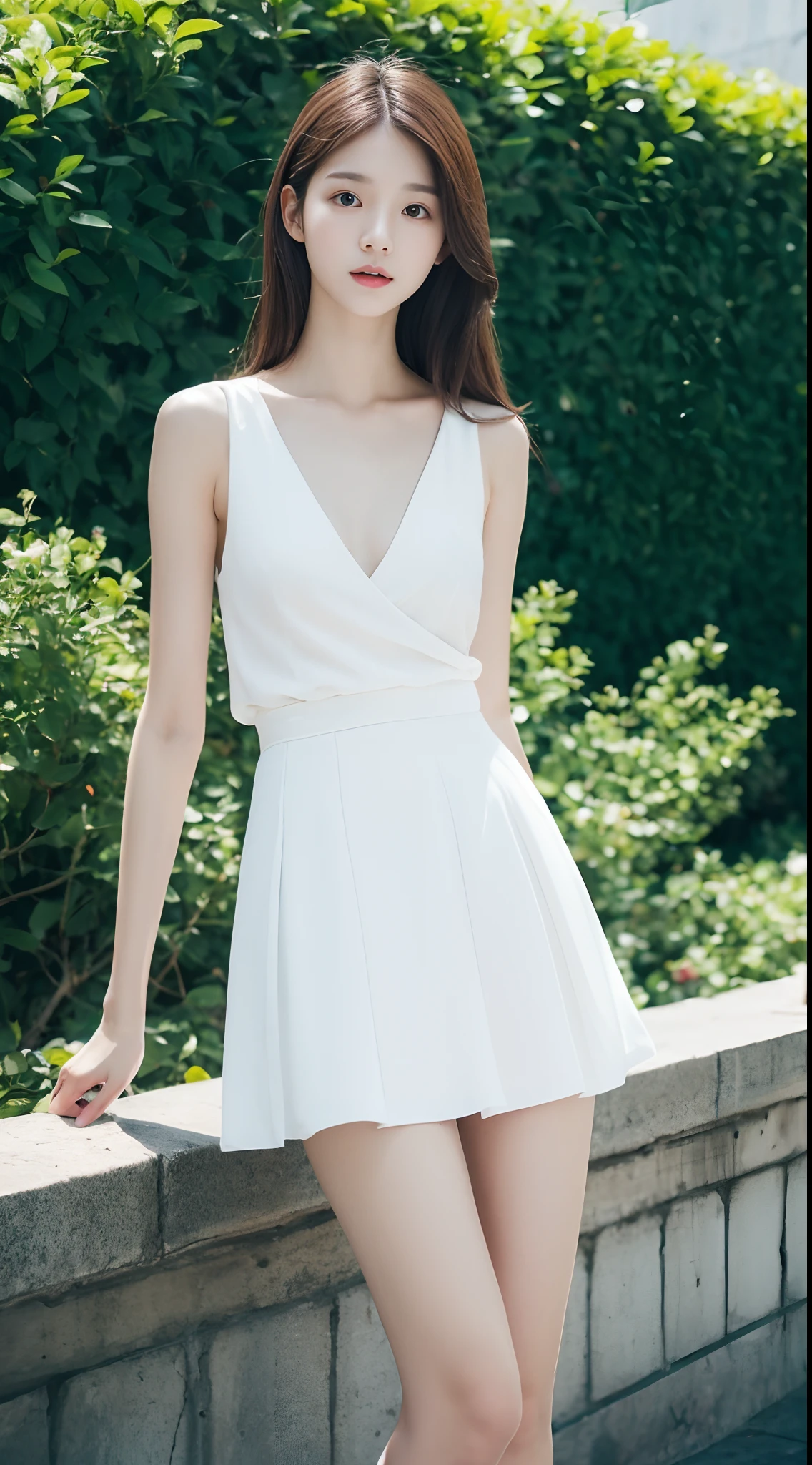 top-quality、masterpiece、超A high resolution、Photorealsitic、Raw foto、1girl in、Sexy appearance、Hair past the shoulders、The lower half is curled and sauvage、Cute smile like a model、frontage、Hair color is blonde、Tight yellow mini skirt、Ordinary high heels、Eyes are double、Wearing mascara、Cute pose like a model、Clear face、Standing in a large park on a sunny day、Gorgeous like a model、Ultimate Beauty、Cute smile、A slight smil、With a beautiful face like Tzuyu from Twice、masuter piece、Best Quality、