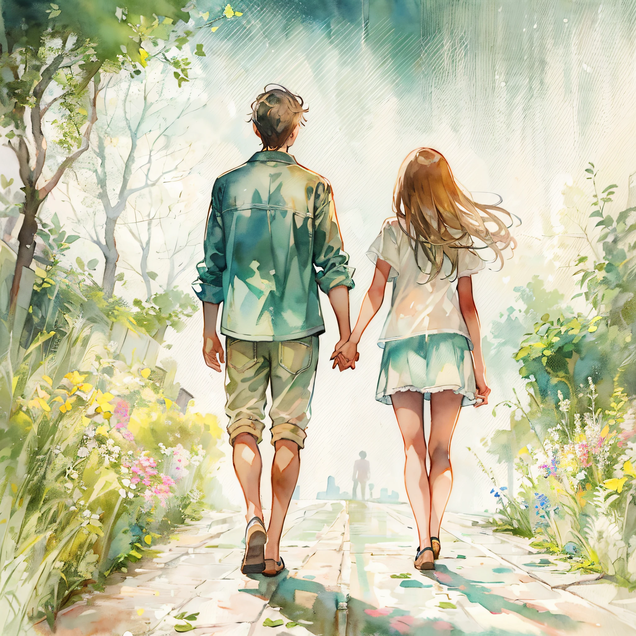 there are 1boy & 1girl walking down the road holding hands, concept, conceptual art, beautiful painting of friends, a beautiful artwork illustration, walking together, Summer Day, watercolor, back shot, full body,
