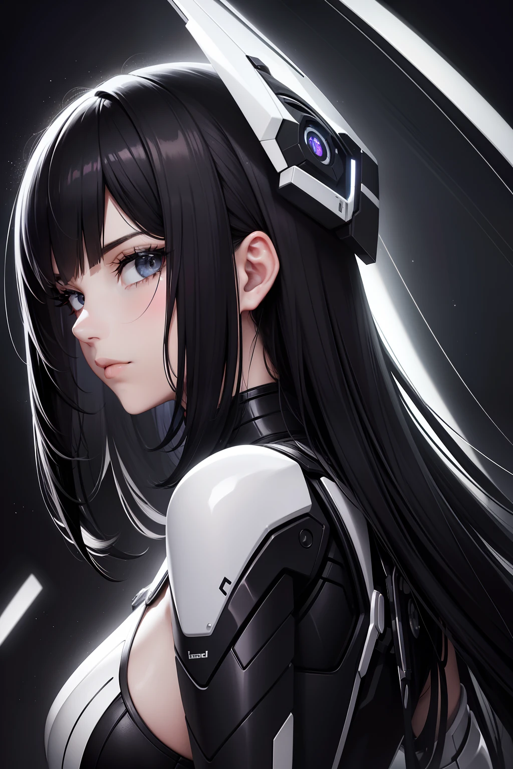 Beautuful Women，beauitful face，black color hair，Black and white mech on the back，Cool styling，Realisticstyle， edge lit， twotonelighting，gentle illumination， high high quality，photore， A high resolution
