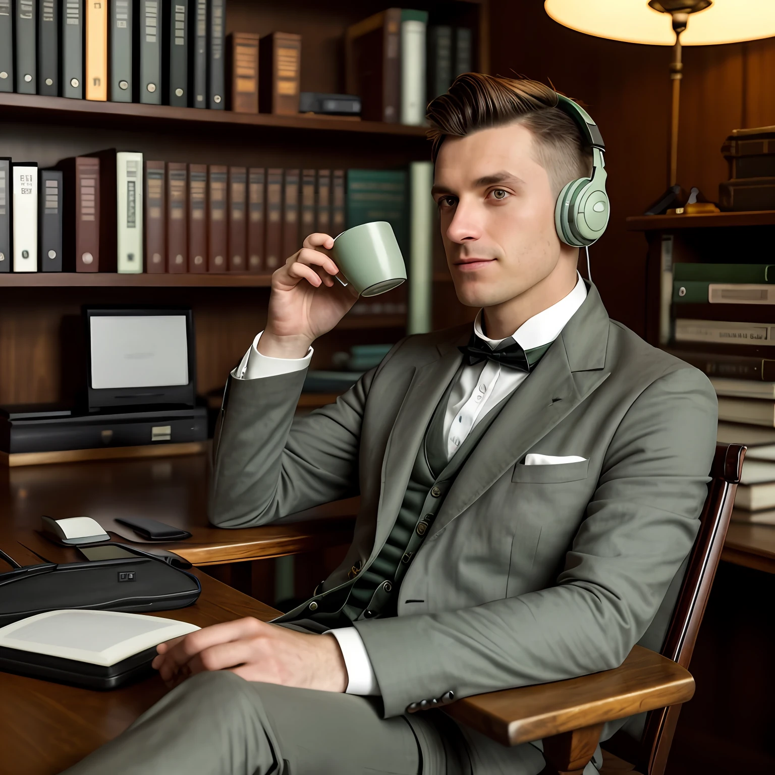 A man sitting behind a desk in a 19th century study room, gray-green eyes, short hair, fade, 3 day stubble, holding a cup of tea, overear headphones, panoramic view, warm light, brown suit, punk style