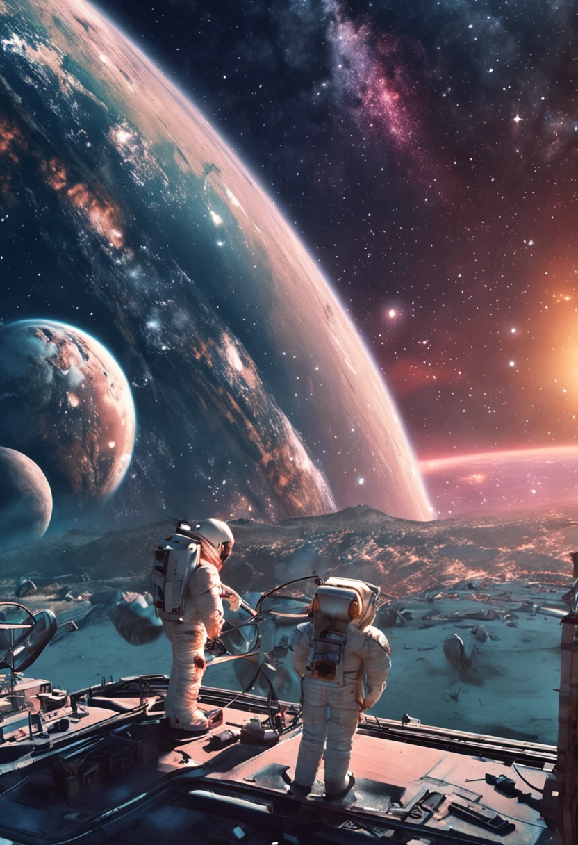 Starry Sky Station has a wide field of view of 2350,There are a lot of realistic photos,The background is clean and meticulous, Laborers in spacesuits are guarded and supervised by robotic cyborgs (armed)