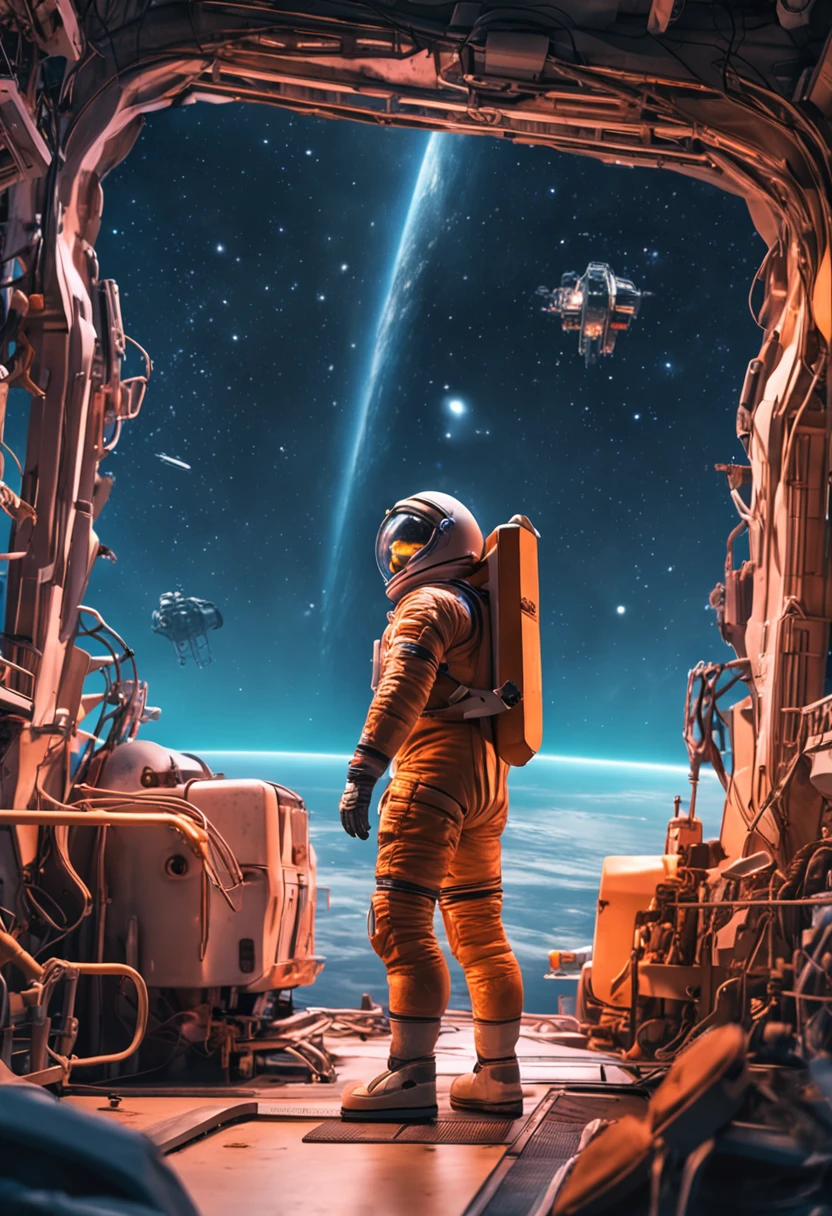 Starry Sky Station has a wide field of view of 2350，There are a lot of realistic photos，The background is clean and meticulous, Laborers in spacesuits are guarded and supervised by robotic cyborgs (armed)