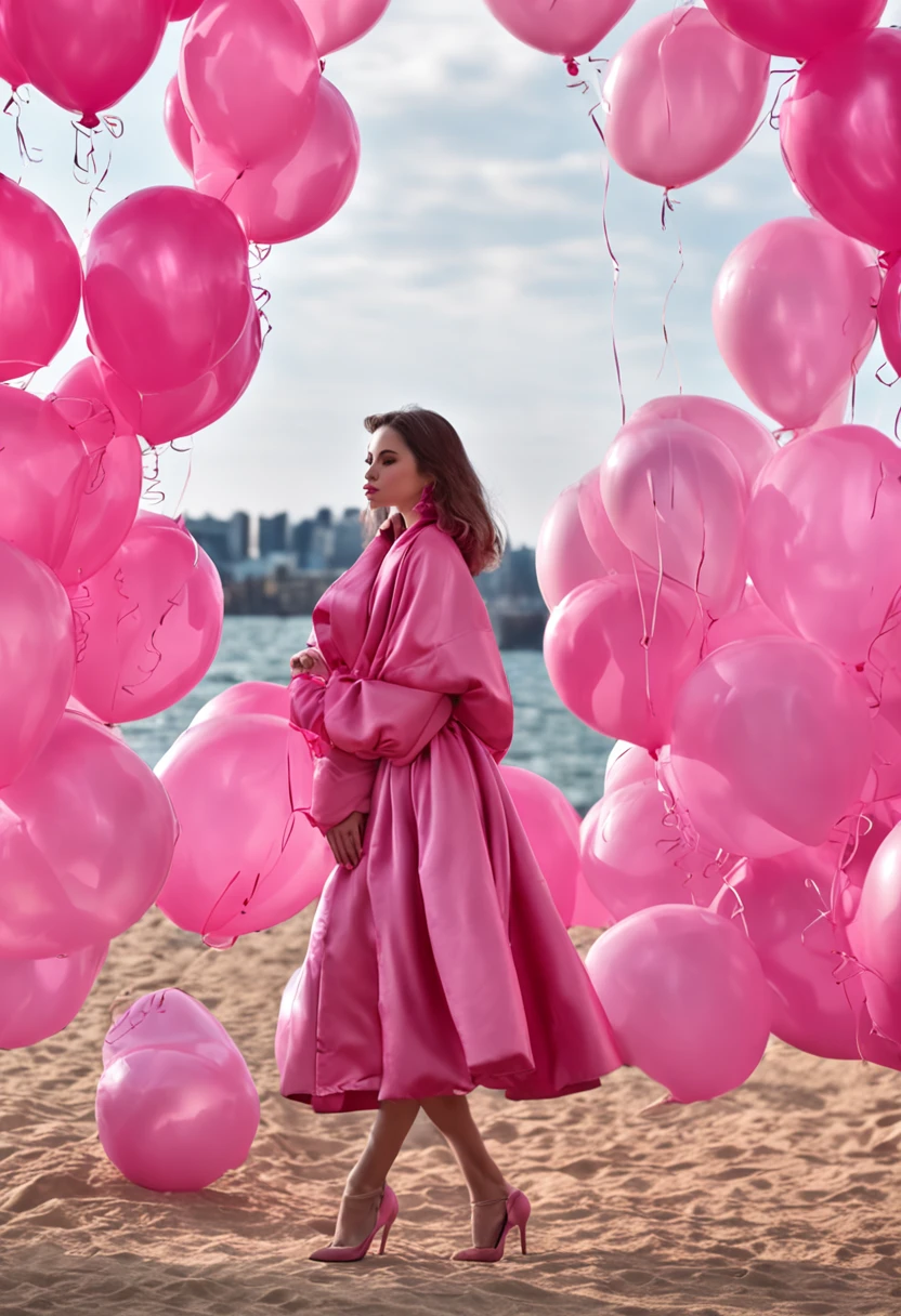 Russian girl wearing pink balloon sleeve silk coat,Dance at the prom,In a Japanese anime style,sexy