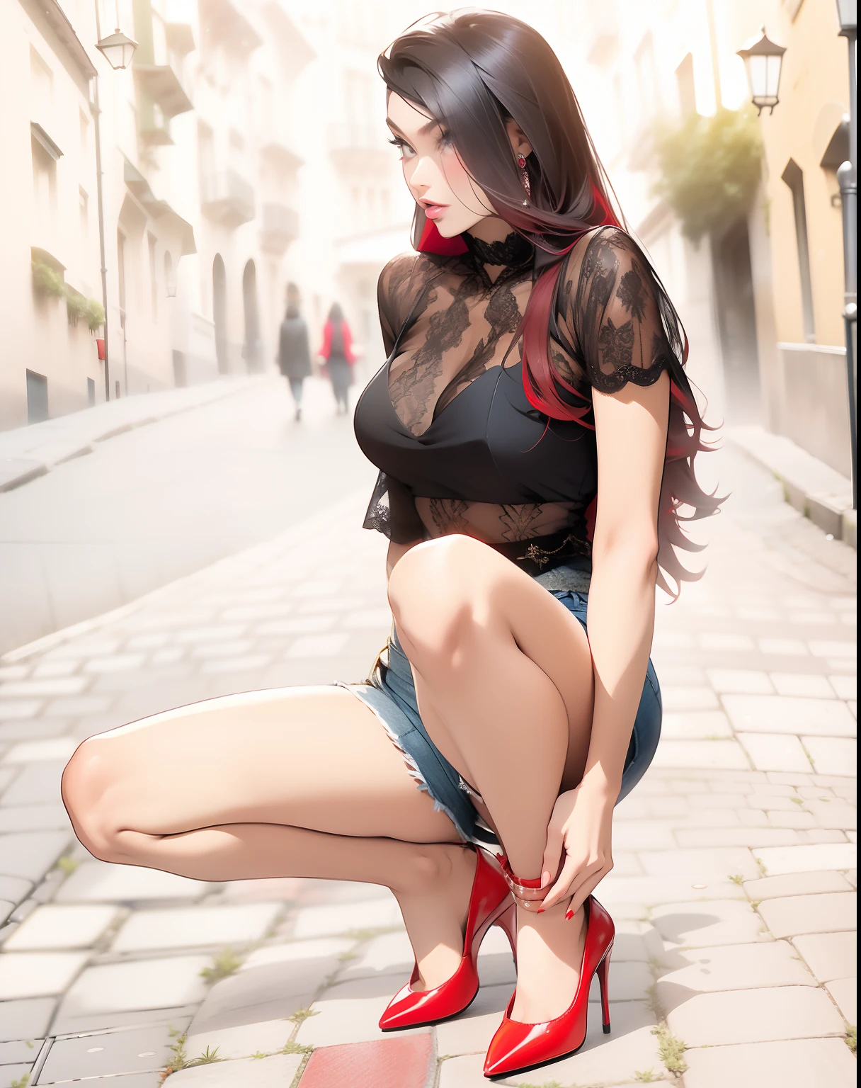 araffe woman in high heels crouching down on a cobblestone street, sexy girl wearing shorts, sexy girl, beautiful legs, sexy young woman, red high heels, anna nikonova, very beautiful slim legs, beautiful slim legs, a woman wearing red high heels, her footwear is red high heels, red shoes, sexy look, young sensual graceful, high heels