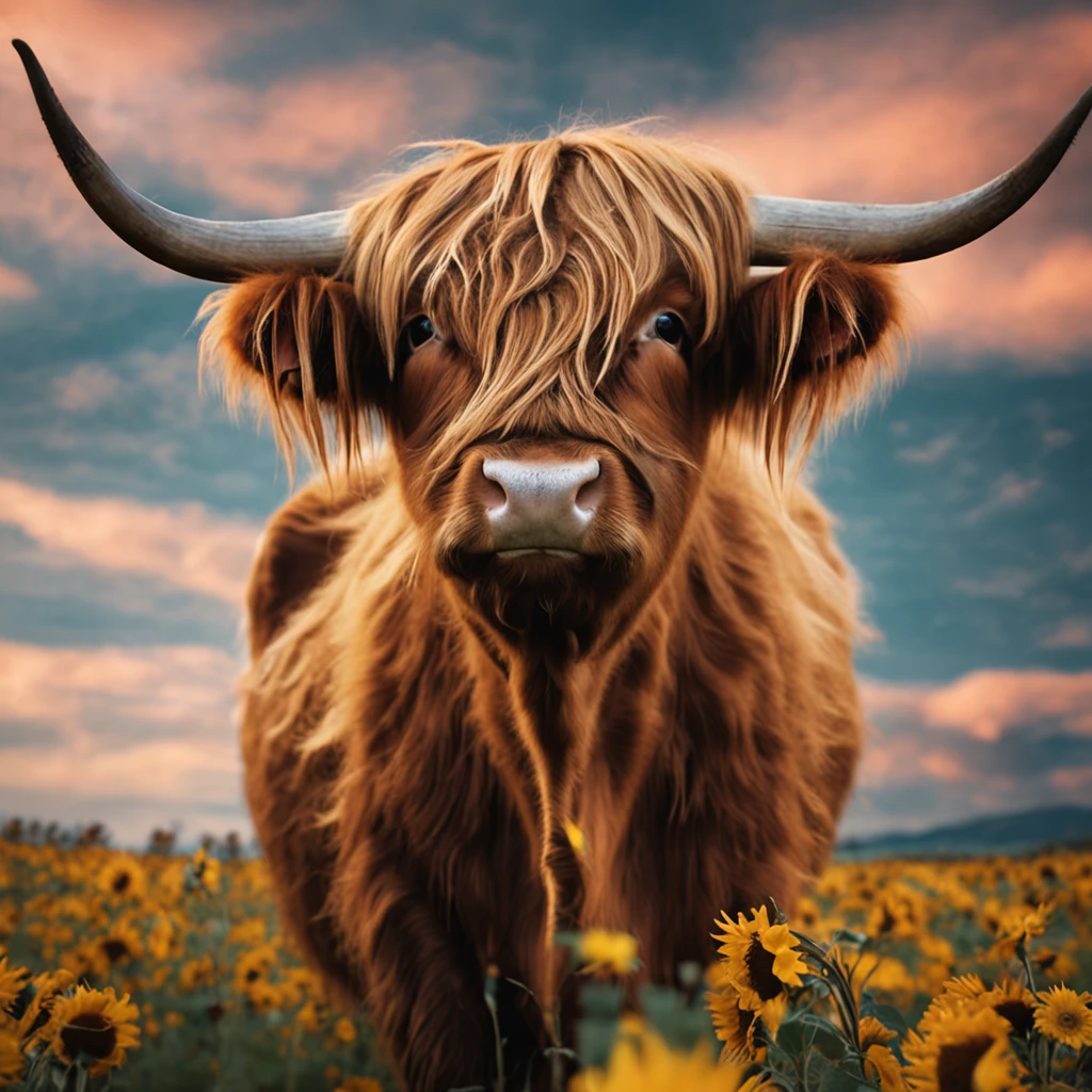 Highland cattle，Sunflowers are worn on their heads，